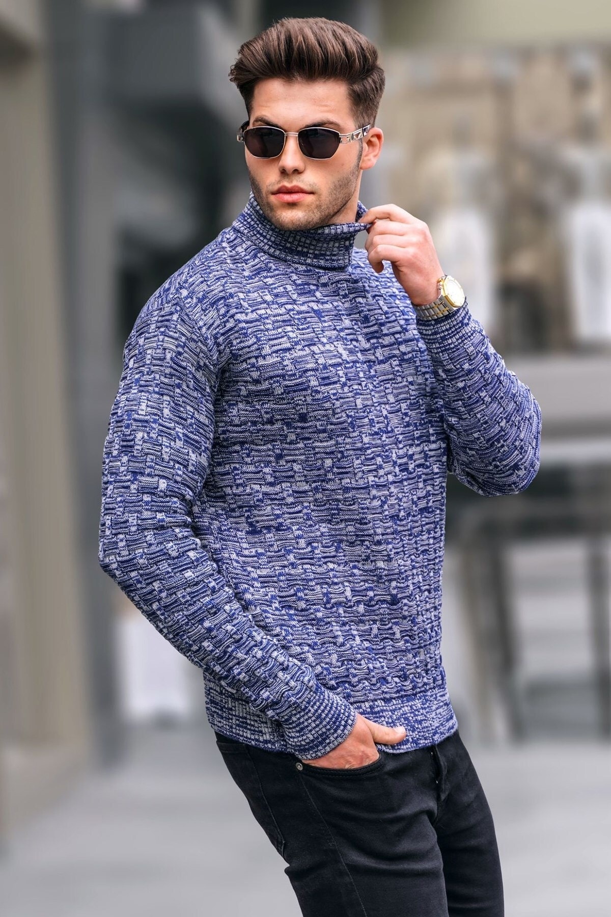 Levně Madmext Light Navy Blue Turtleneck Knitwear Sweater 5758