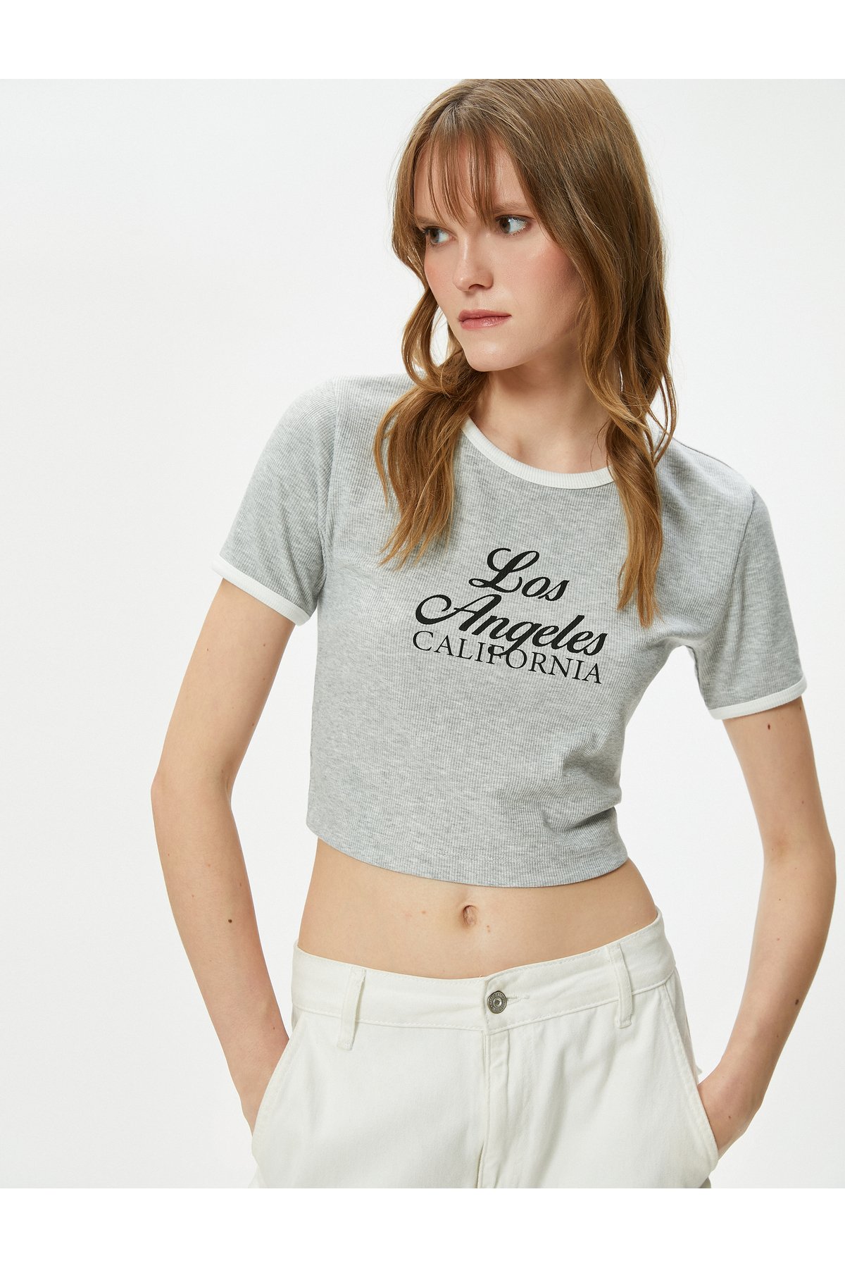 Levně Koton Crop Printed T-Shirt Short Sleeve Ribbed