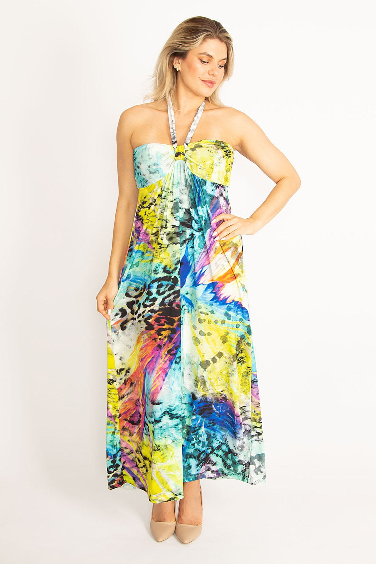 Levně Şans Women's Plus Size Colorful Strapless Colorful Long Dress