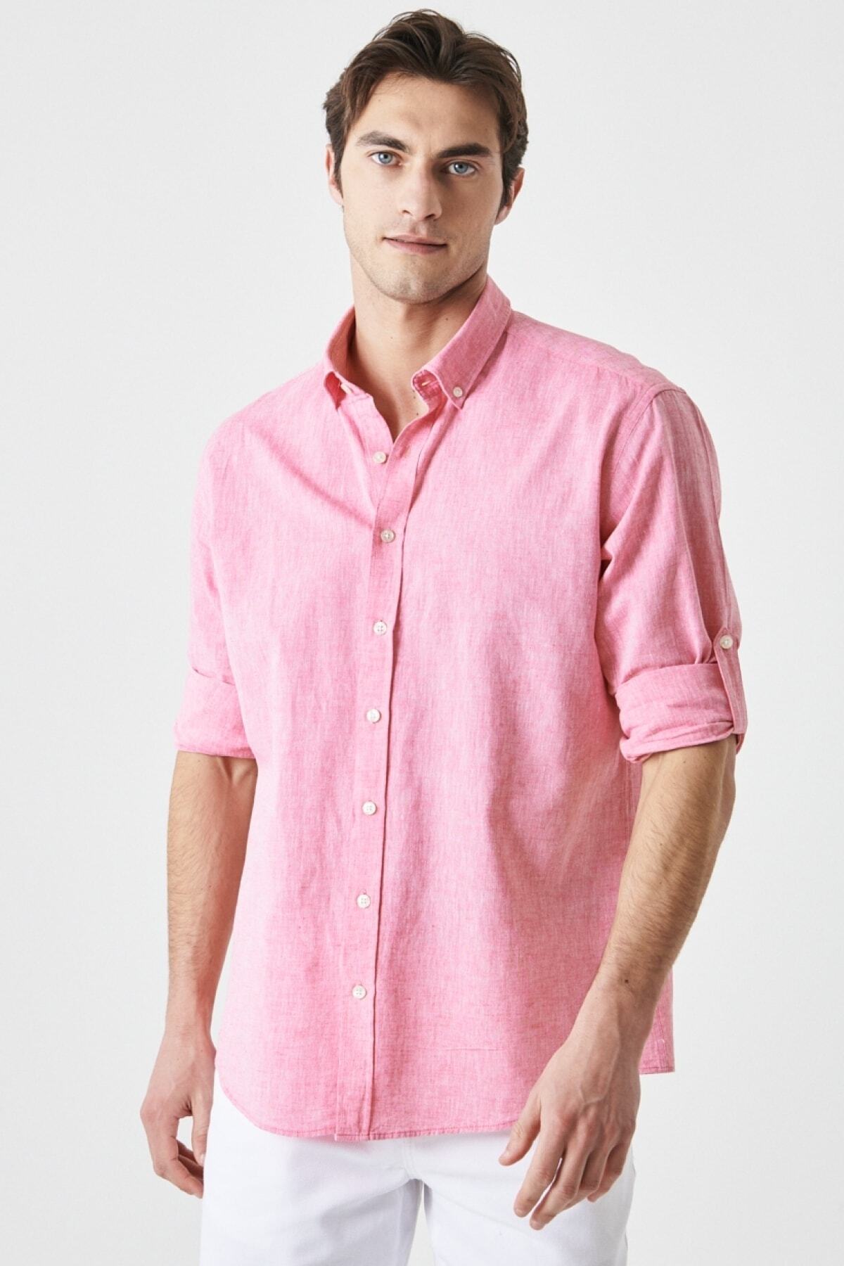 Levně AC&Co / Altınyıldız Classics Men's Fuchsia Comfort Fit Relaxed-Cut Buttoned Collar Casual Linen Shirt.
