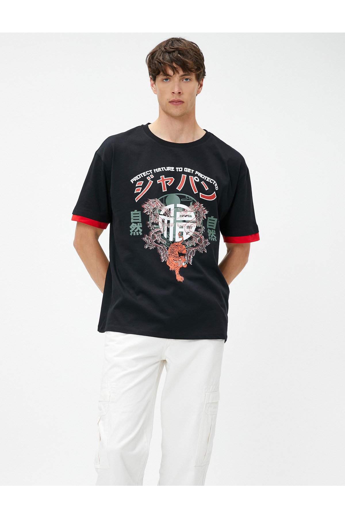 Koton Far East Printed T-Shirt Sleeve Detailed Crew Neck