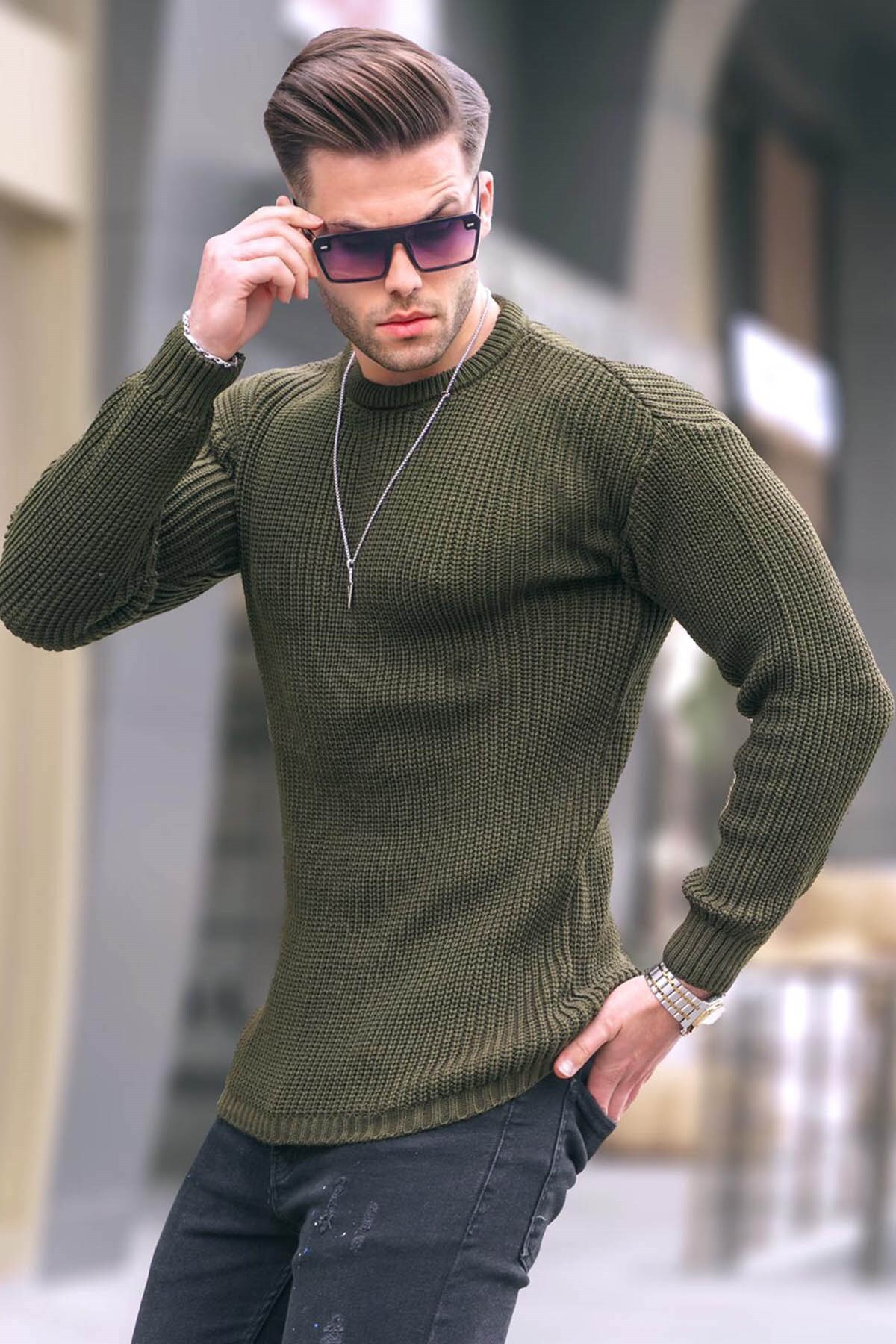 Levně Madmext Khaki Basic Knitwear Men's Sweater 5990