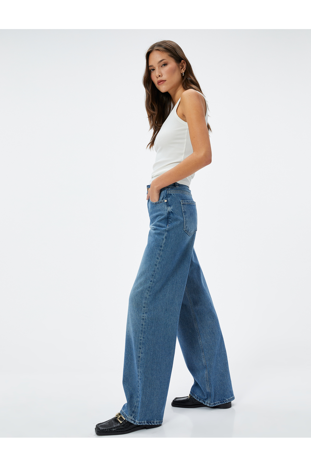 Levně Koton Wide Leg Jeans Standard Waist Pocket Cotton - Bianca Wide Leg Jeans
