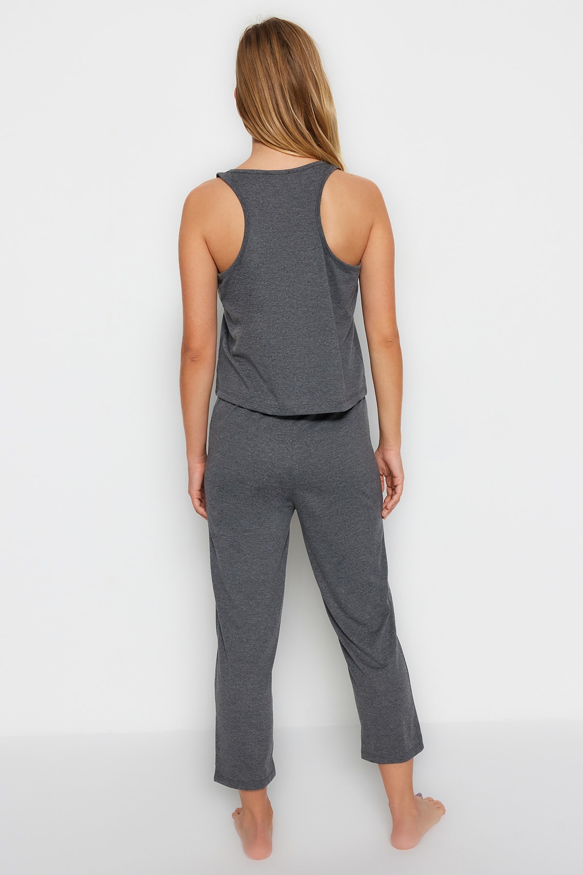Trendyol Anthracite Cotton Halter Collar Undershirt-Capri Knitted Pajama Set