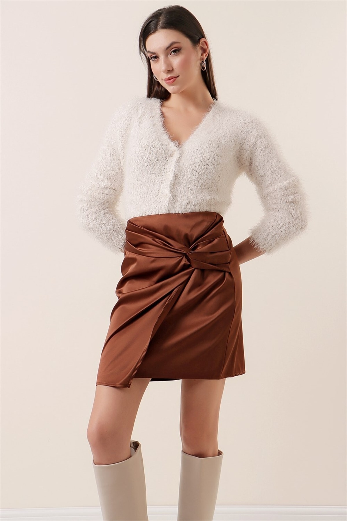 By Saygı Knotted Satin Skirt Brown