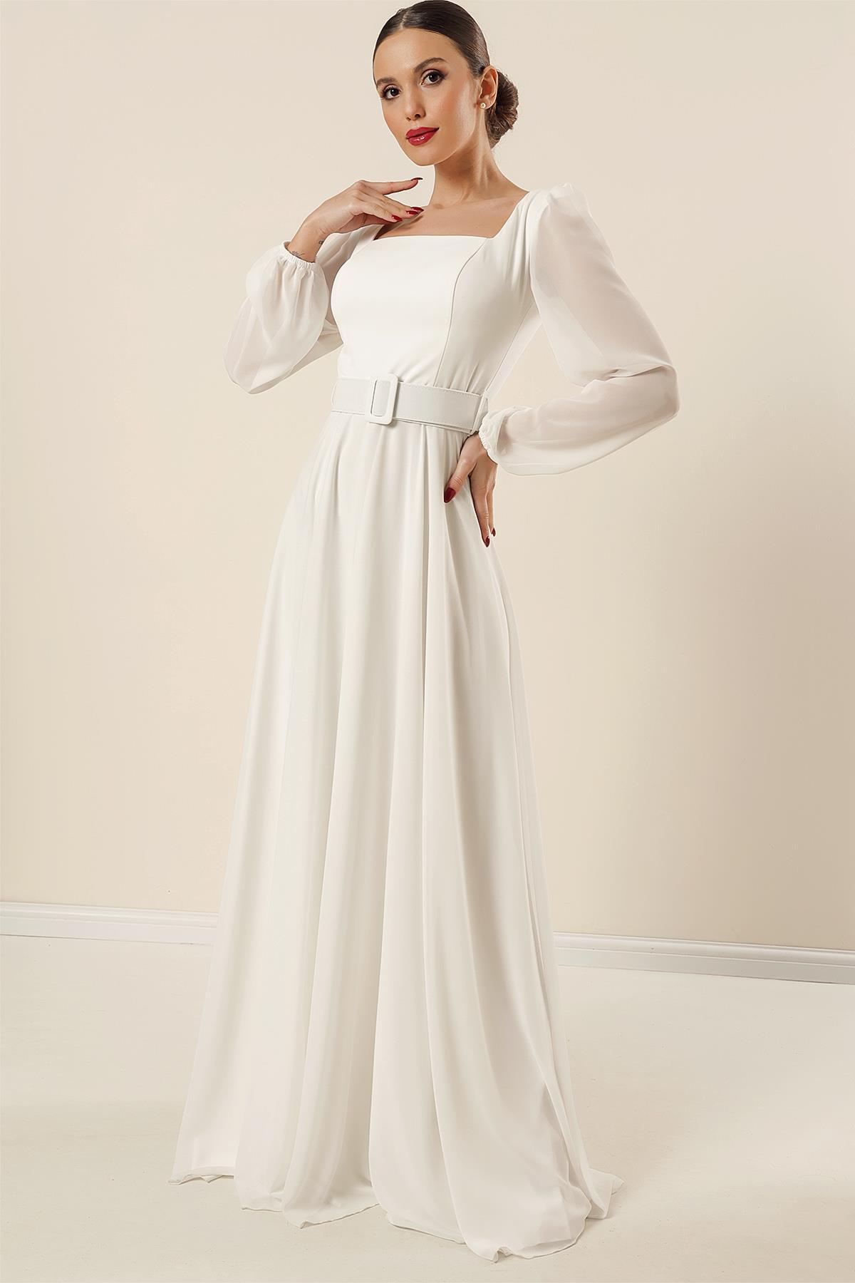 Levně By Saygı Lined Chiffon Long Evening Dress with a Square Neck Waist and Belted Belt.