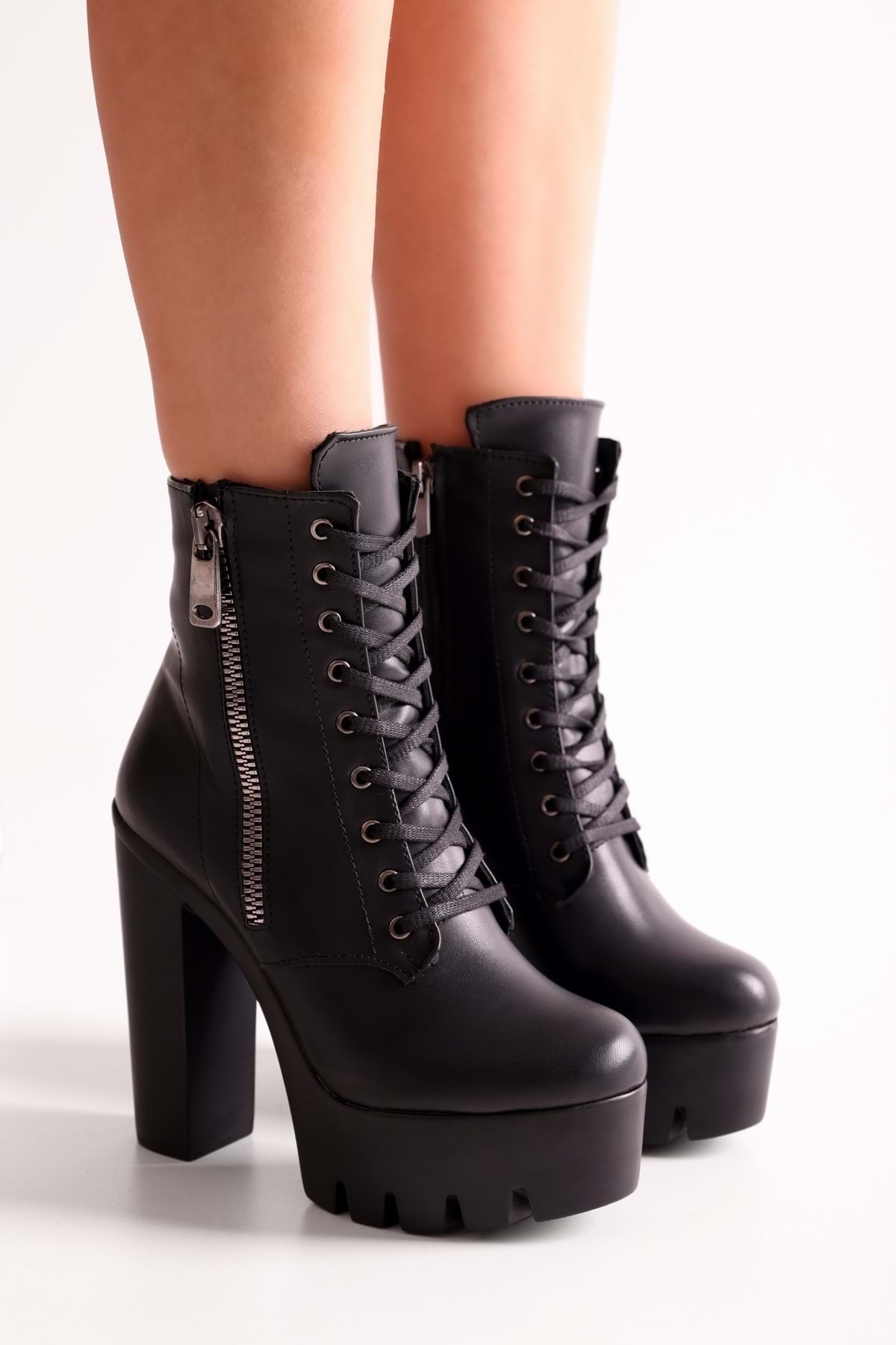 Levně Shoeberry Women's Audrey Black Skin High Heels Boots Black Skin