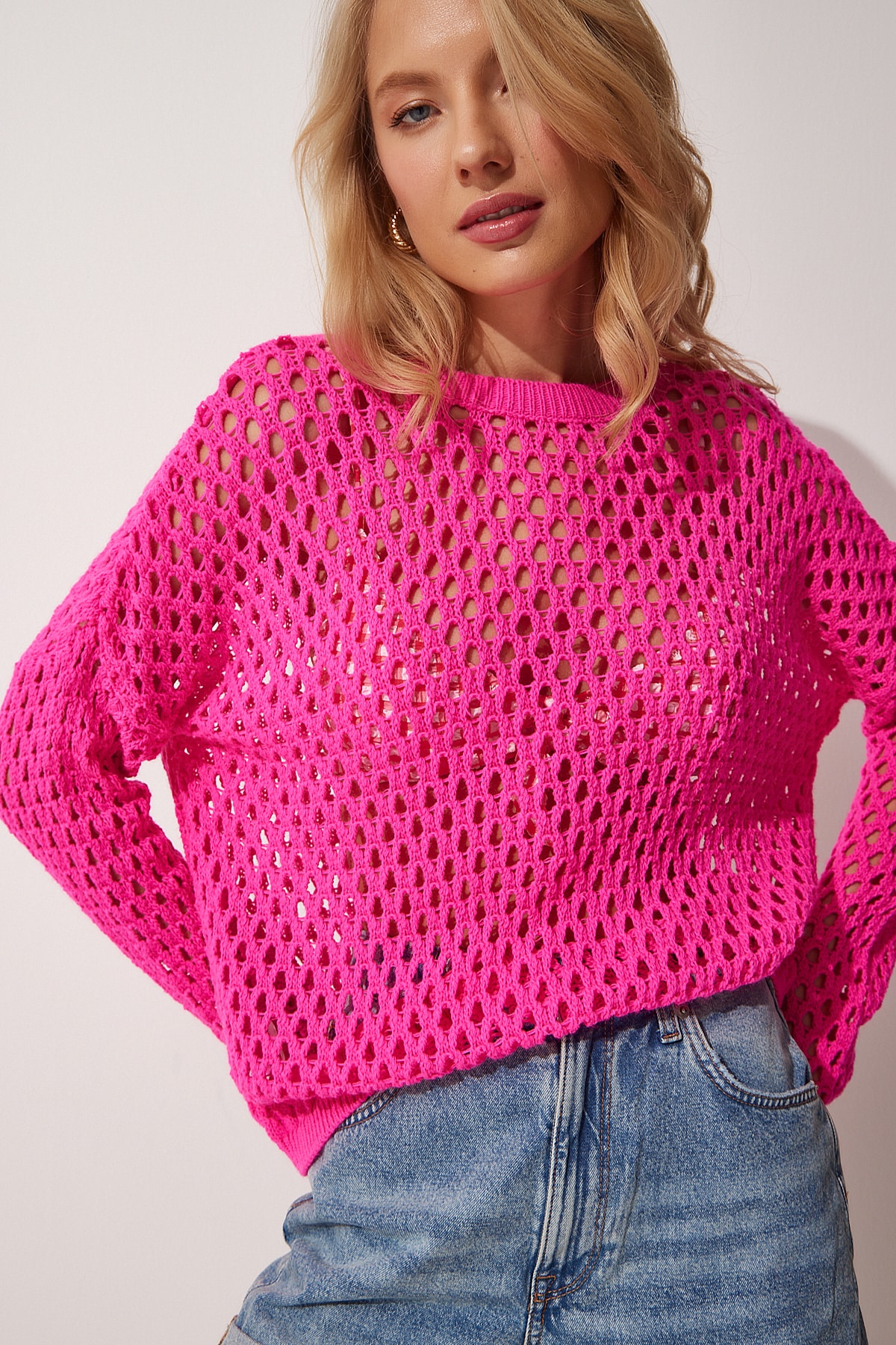 Happiness İstanbul Women's Neon Pink Seasonal Knitwear Blouse with Openwork