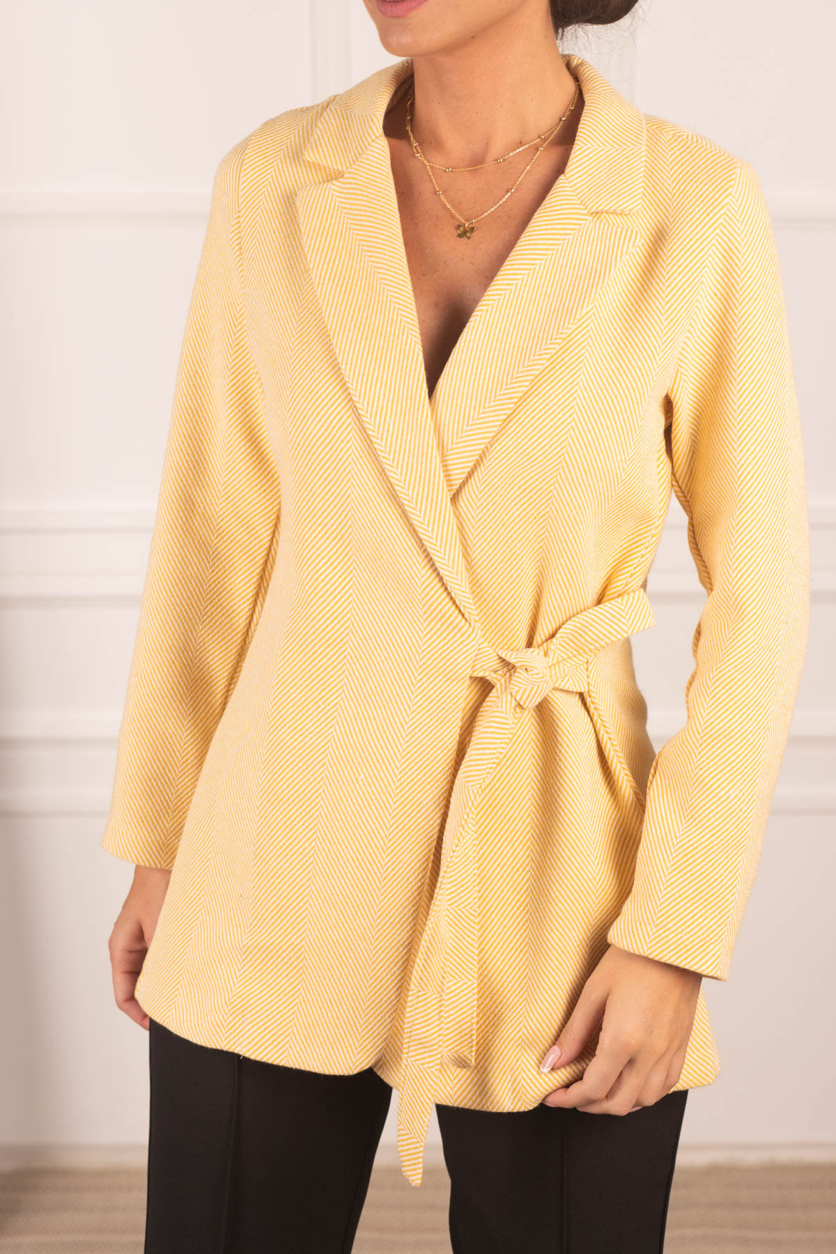 armonika Women's Yellow Herringbone Patterned Stamped Jacket with Tie Sides