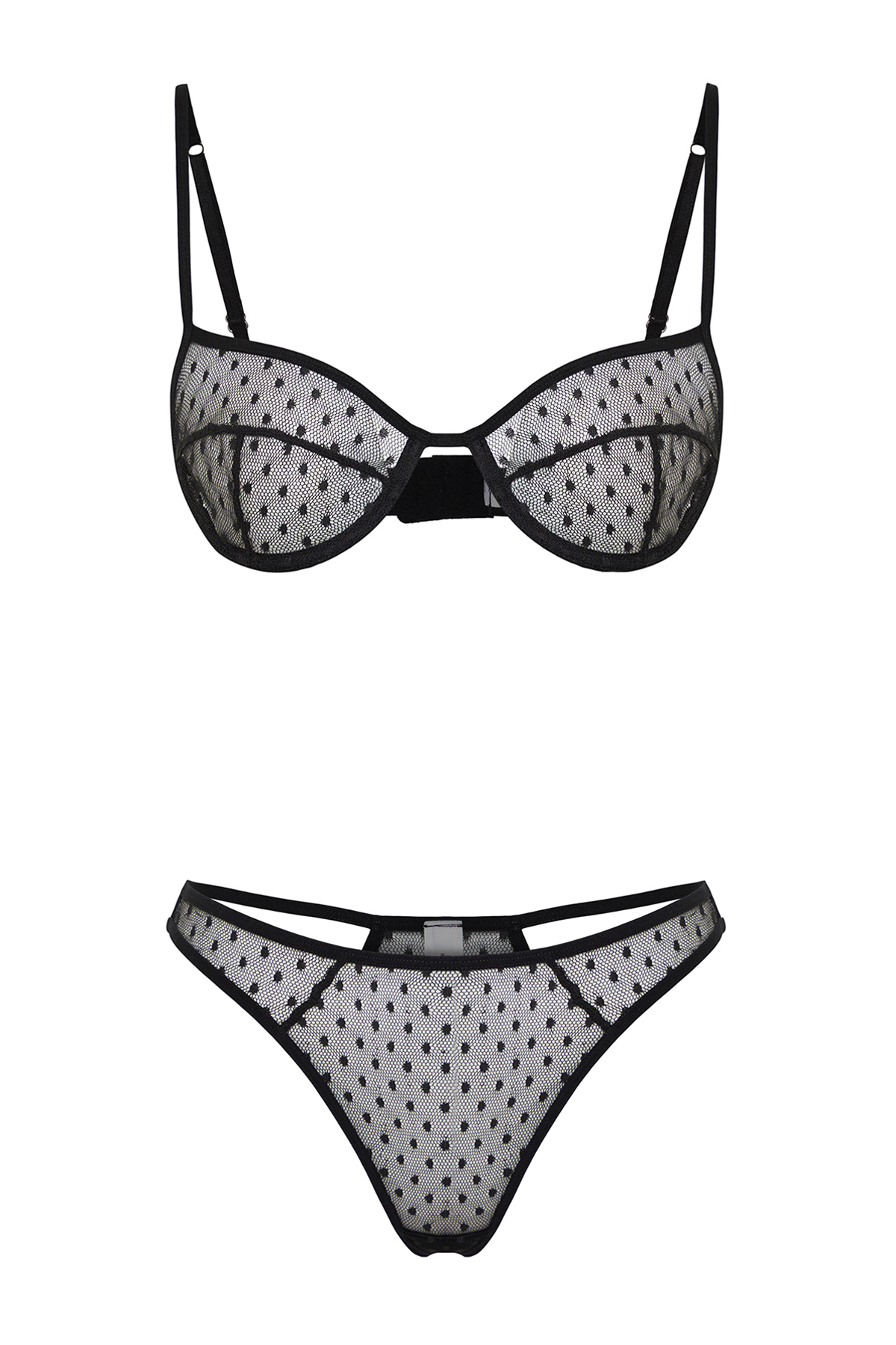 Trendyol Black Polka Dot Lace Rope Strapless Knitted Lingerie Set