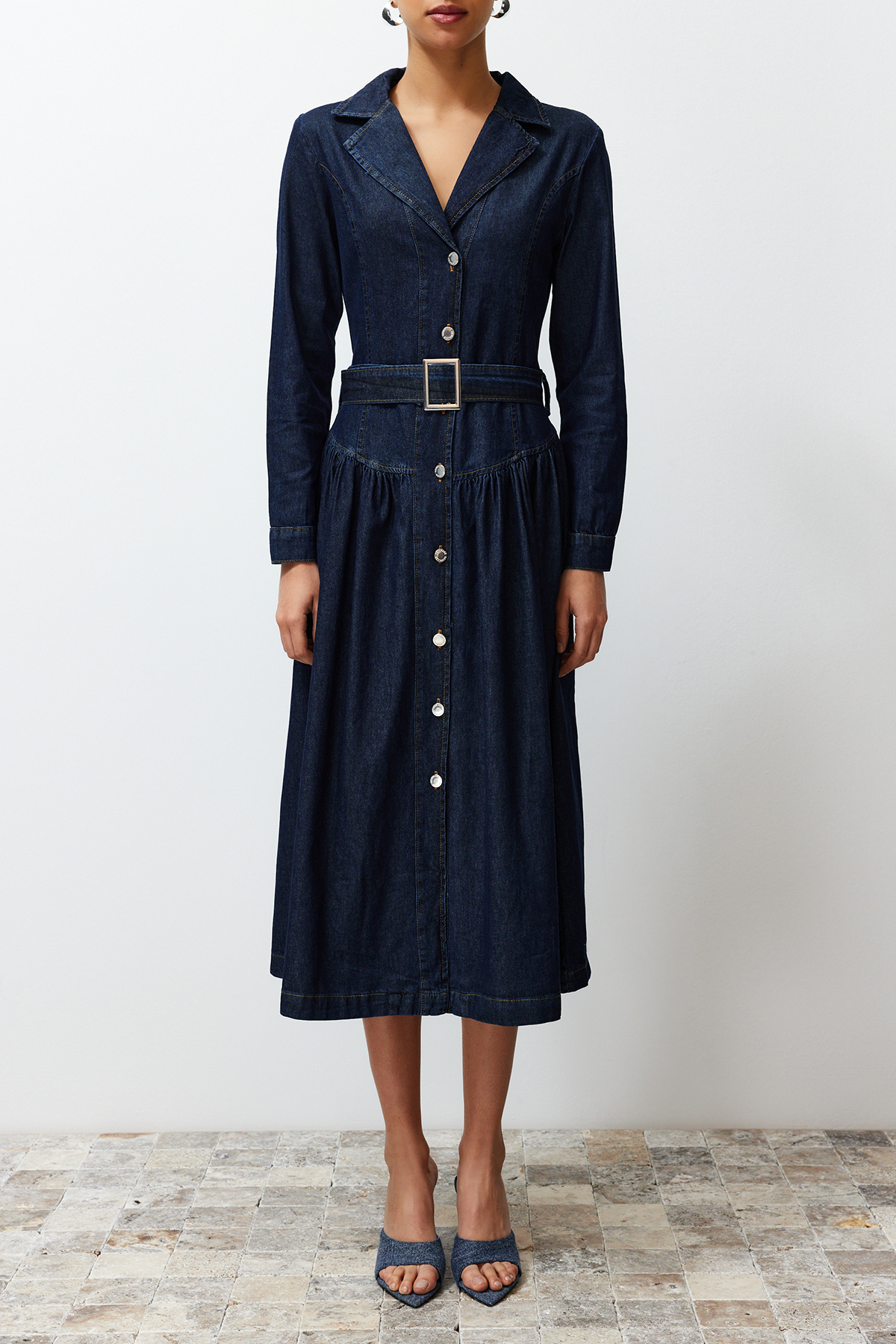Trendyol Blue Belted Jacket Collar Maxi Denim Dress