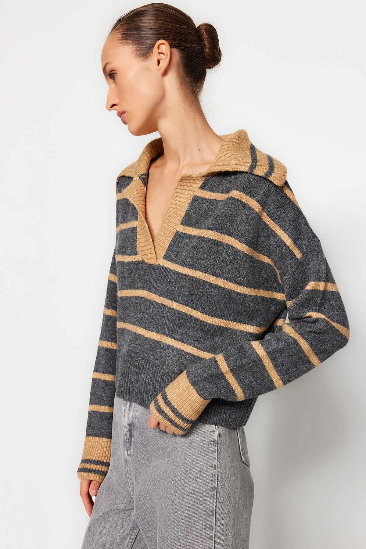 Trendyol Camel Soft-Texture Striped Knitwear Sweater