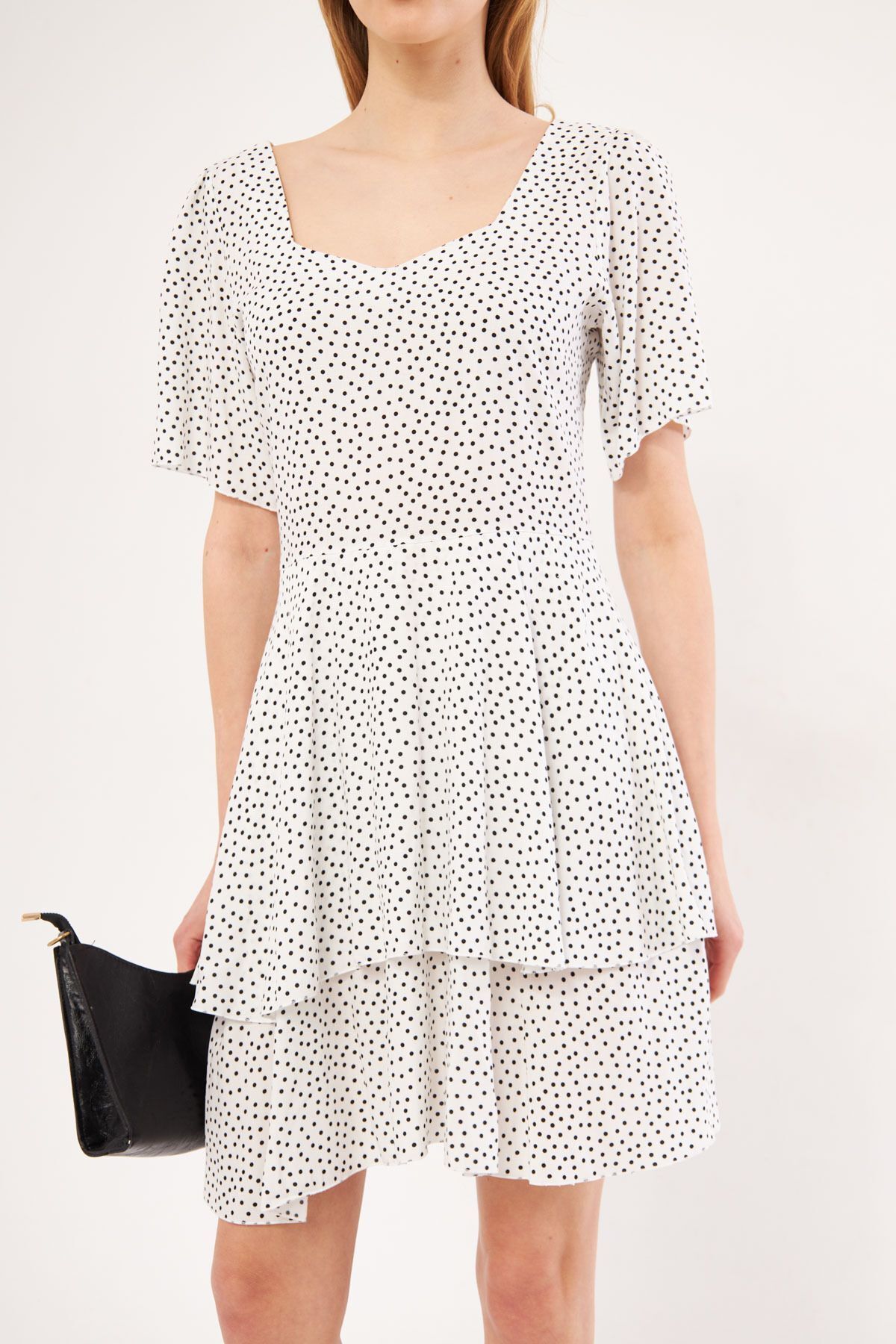 armonika Women's White Minus Dress Short Sleeve Skirt Layered Zippered Patterned Mini Size