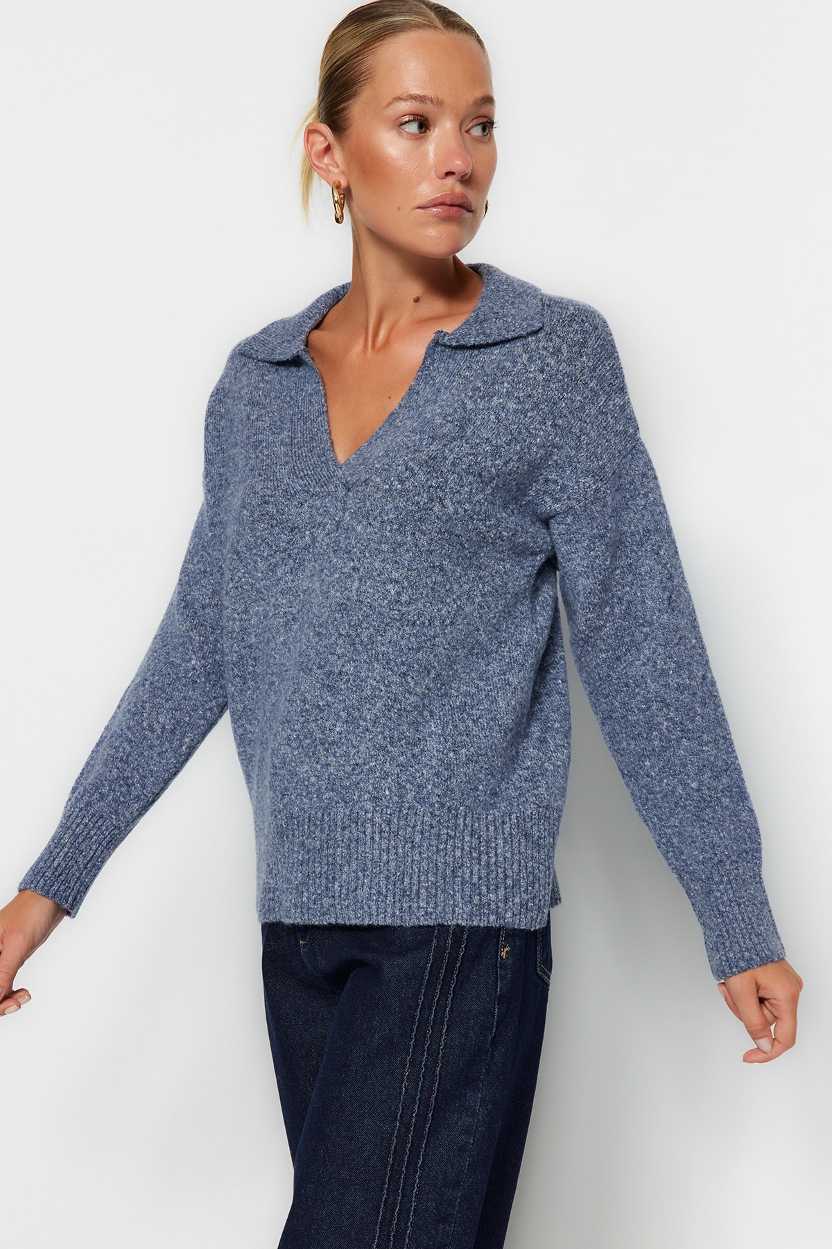 Trendyol Blue Cotton Polo Collar Knitwear Sweater