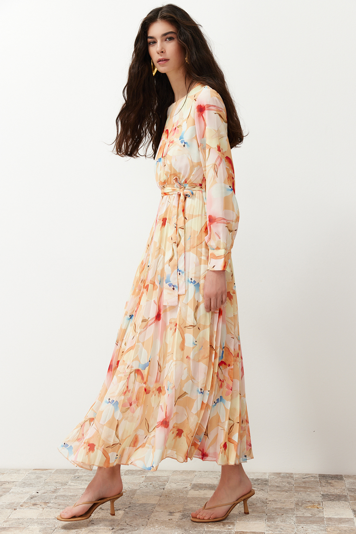 Trendyol Multi Color Floral Sash Detailed Lined Pleated Chiffon Woven Dress