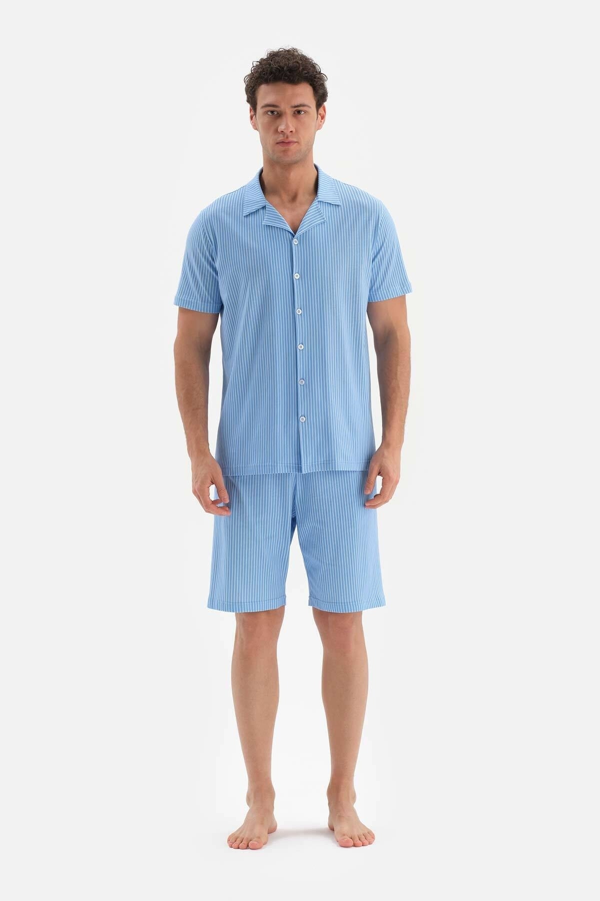 Dagi Blue Shirt Collar Printed Shorts Pajamas Set