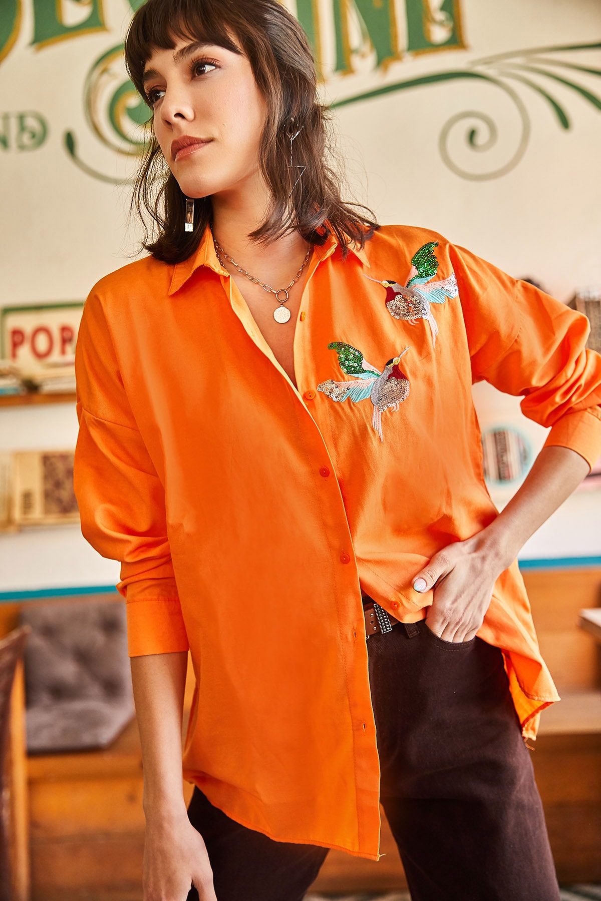 Levně Olalook Women's Orange Bird Sequin Detailed Woven Boyfriend Shirt