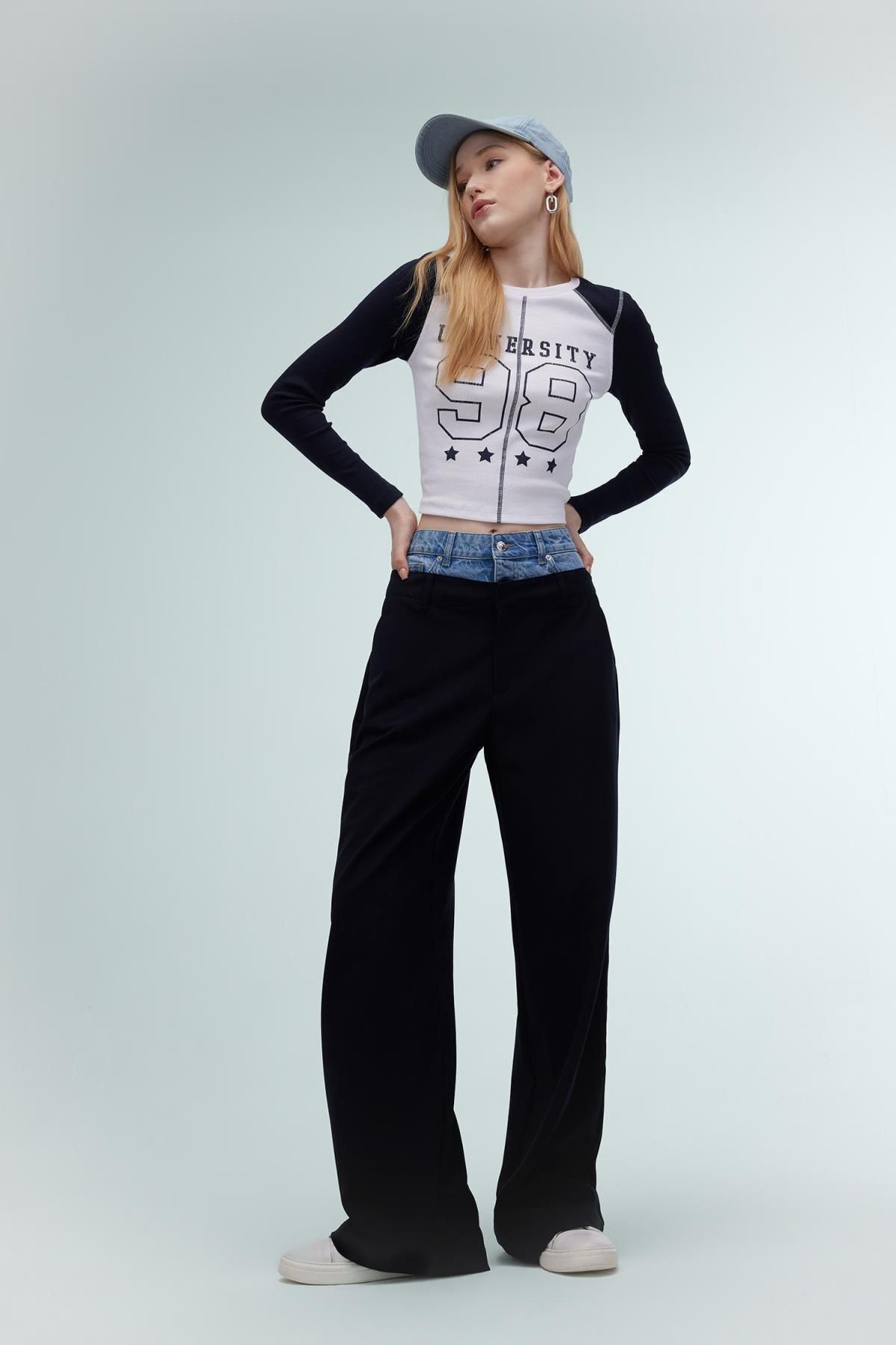 DEFACTO Cool Wide Leg Fit High Waist Wide Leg Jean Detailed Trousers