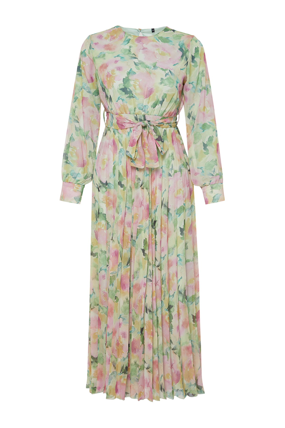 Trendyol Light Green Floral Belt Detailed Lined Pleated Chiffon Woven Dress