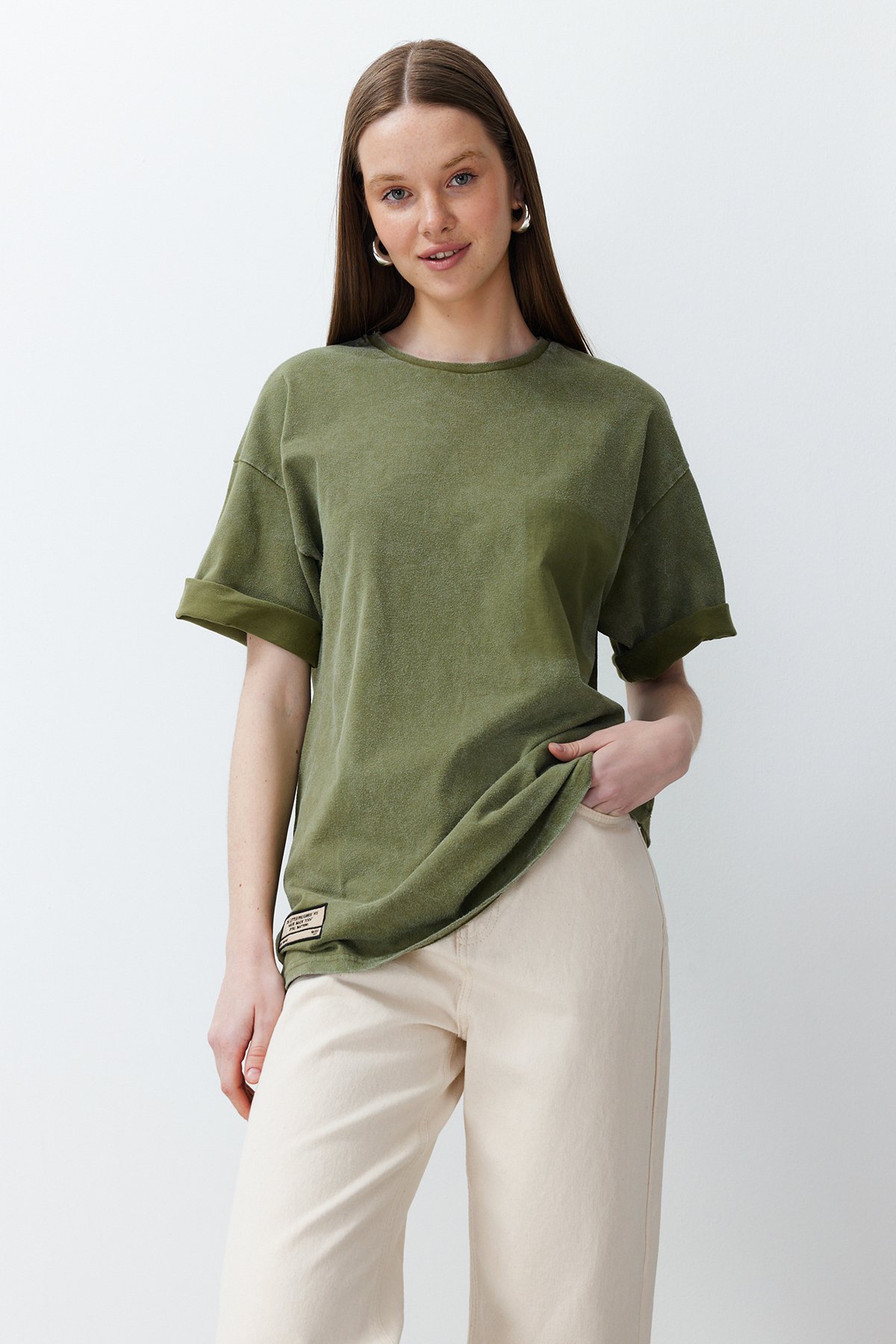 Trendyol Khaki Label Detailed Antique/Pale Effect Oversize/Wide Cut Cotton Knitted T-Shirt