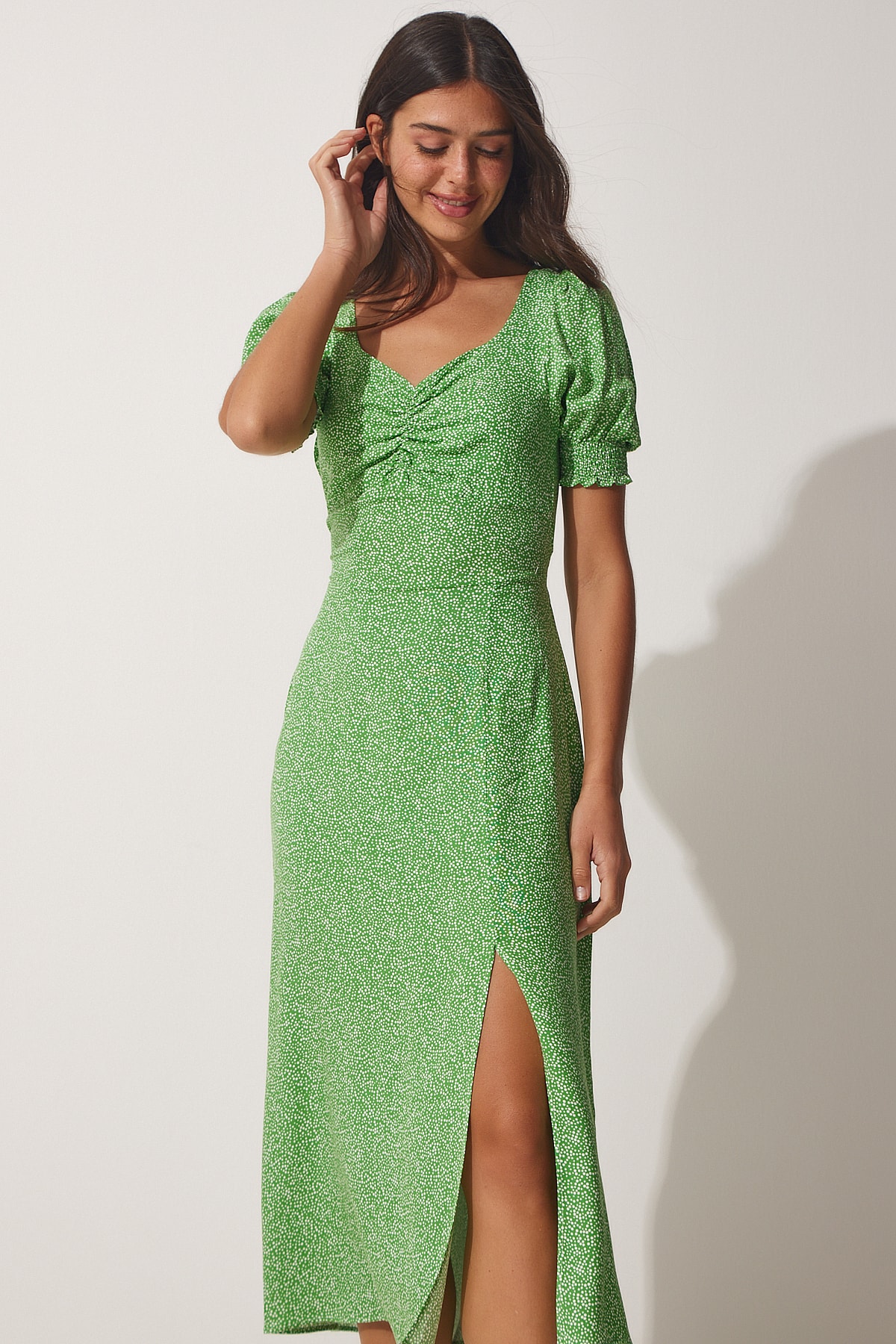Щастие İstanbul Дамски зелен плисиран сладък врата вискоза лятна рокля