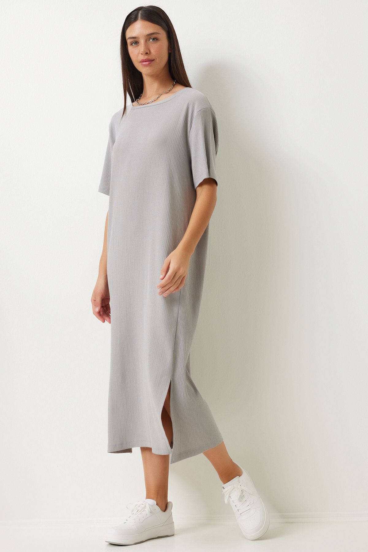 Happiness İstanbul Women's Gray Loose Long Daily Summer Knitted Dress