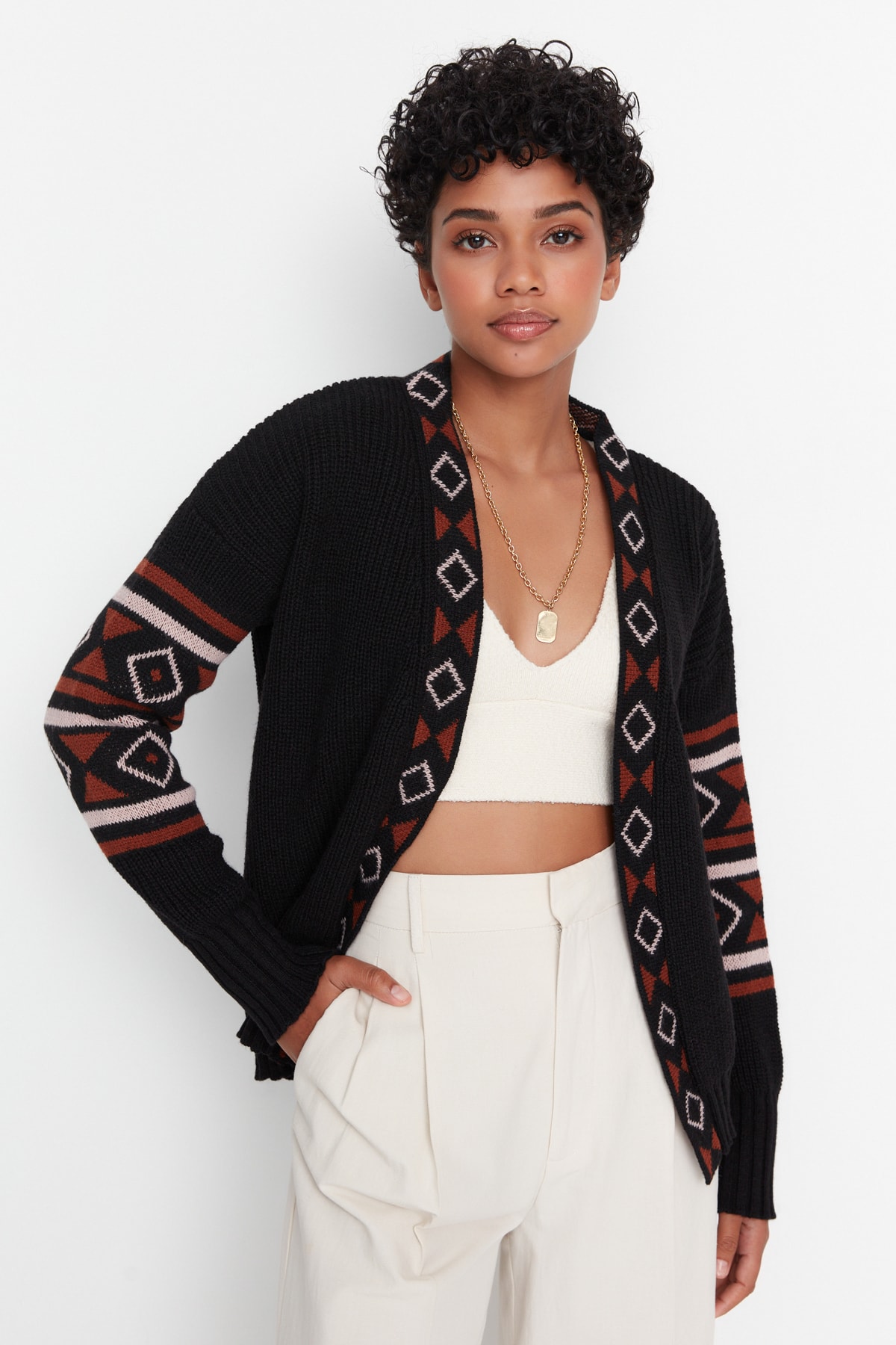 Trendyol Black Patterned Oversized Knitwear Cardigan