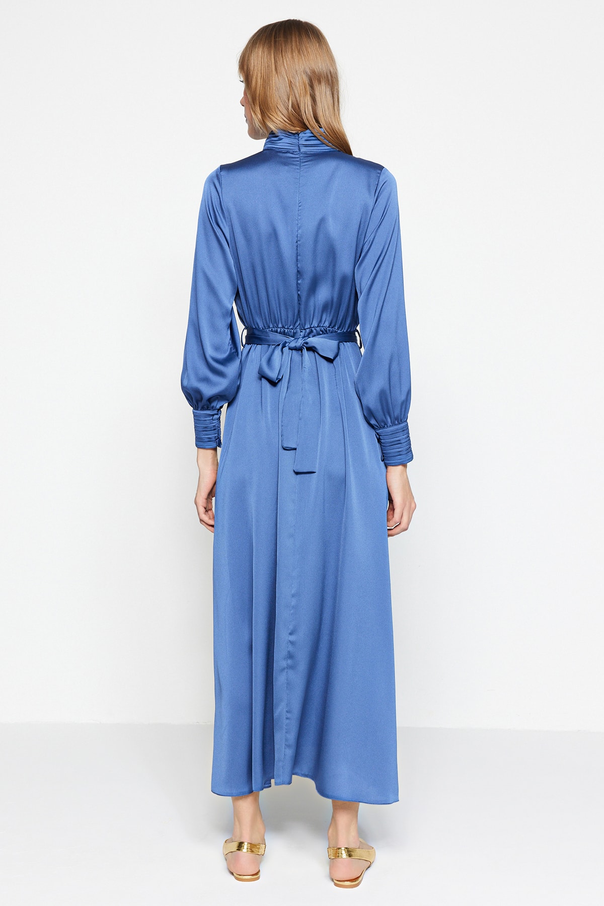 Trendyol Dark Blue Collar and Cuff Draped Detail Belted Woven Evening Dress