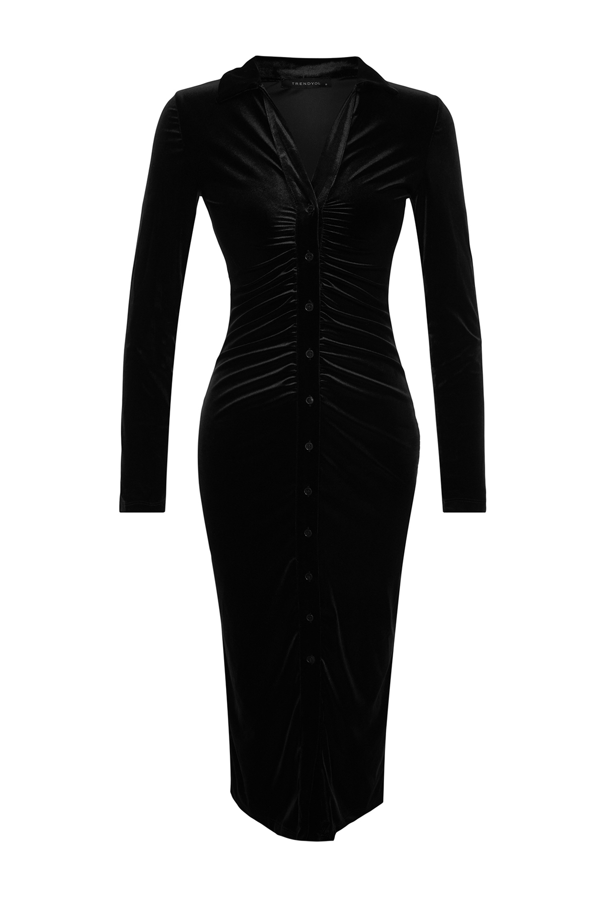 Trendyol черно кадифе монтирани/прости поло врата Midi трикотажни рокля