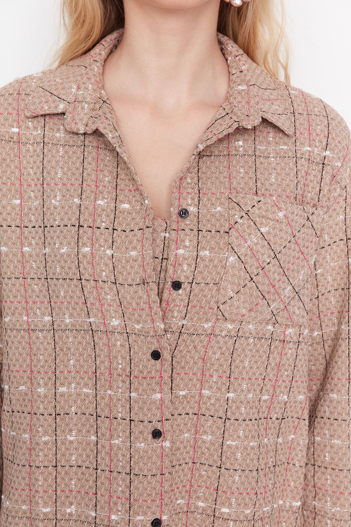 Trendyol Beige Woven Tweed Shirt with Pocket