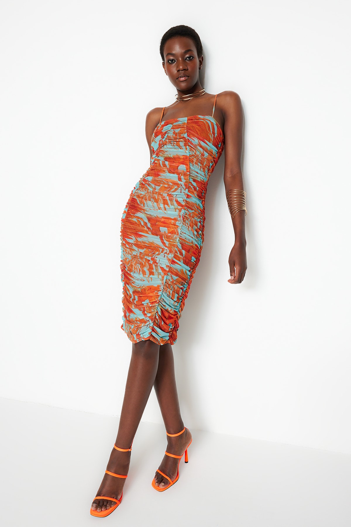 Rochie de seara eleganta cu imprimeu din tul multicolor Trendyol cu montare din in