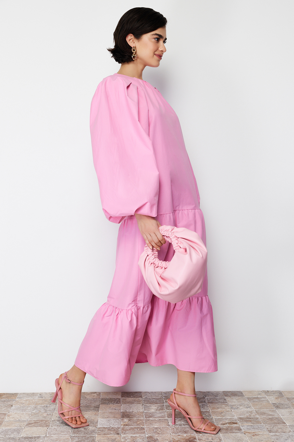 Trendyol Pink Balloon Sleeve Skirt Layered Cotton Woven Dress