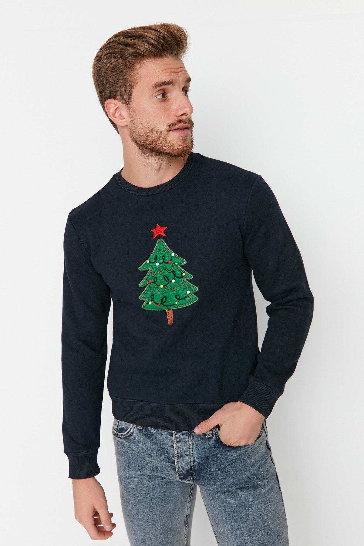Levně Trendyol Navy Regular/Regular Fit Christmas Printed Fleece Long Sleeve Sweatshirt