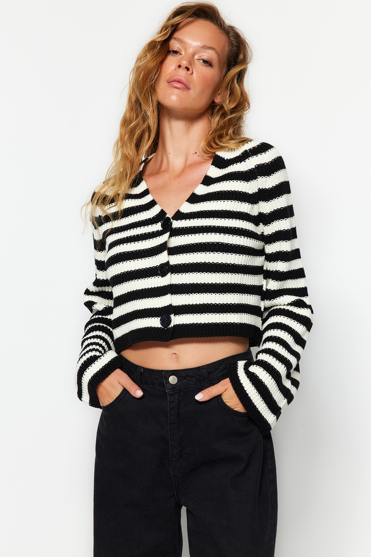 Trendyol Ecru V-Neck Striped Knitwear Cardigan