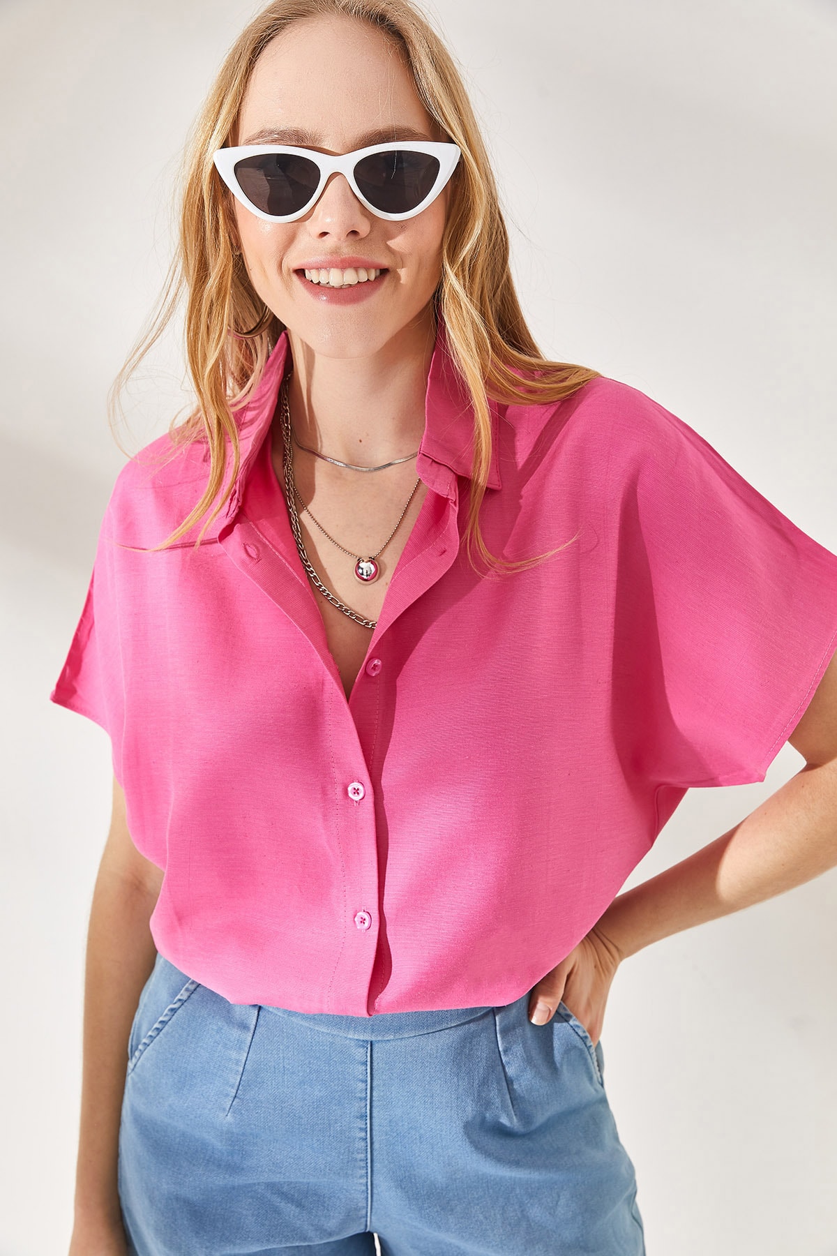 Olalook Women's Pink Bat Oversized Linen Shirt