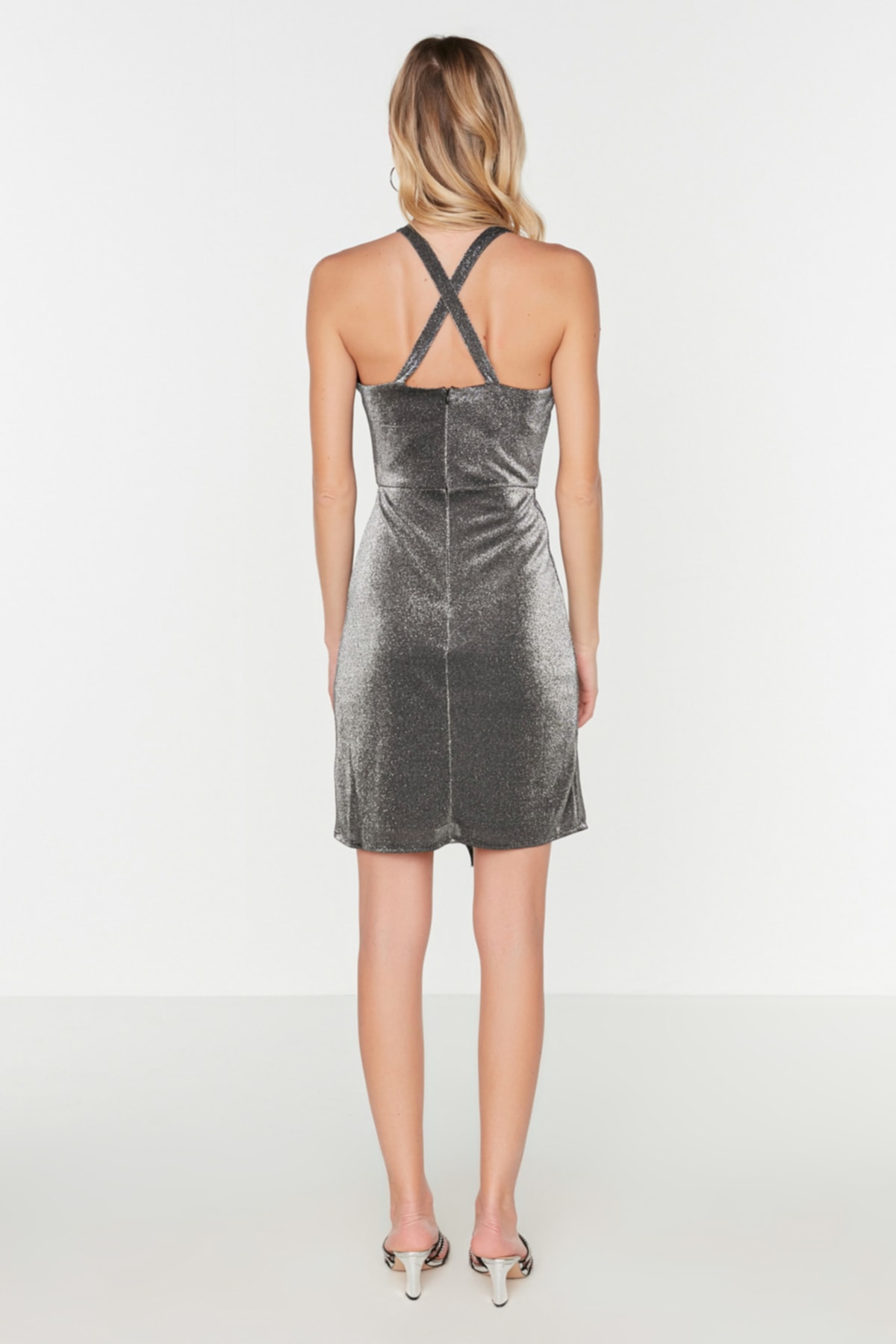 Rochie de seara tricotata din tricot Trendyol Shining Black, cu guler dublu