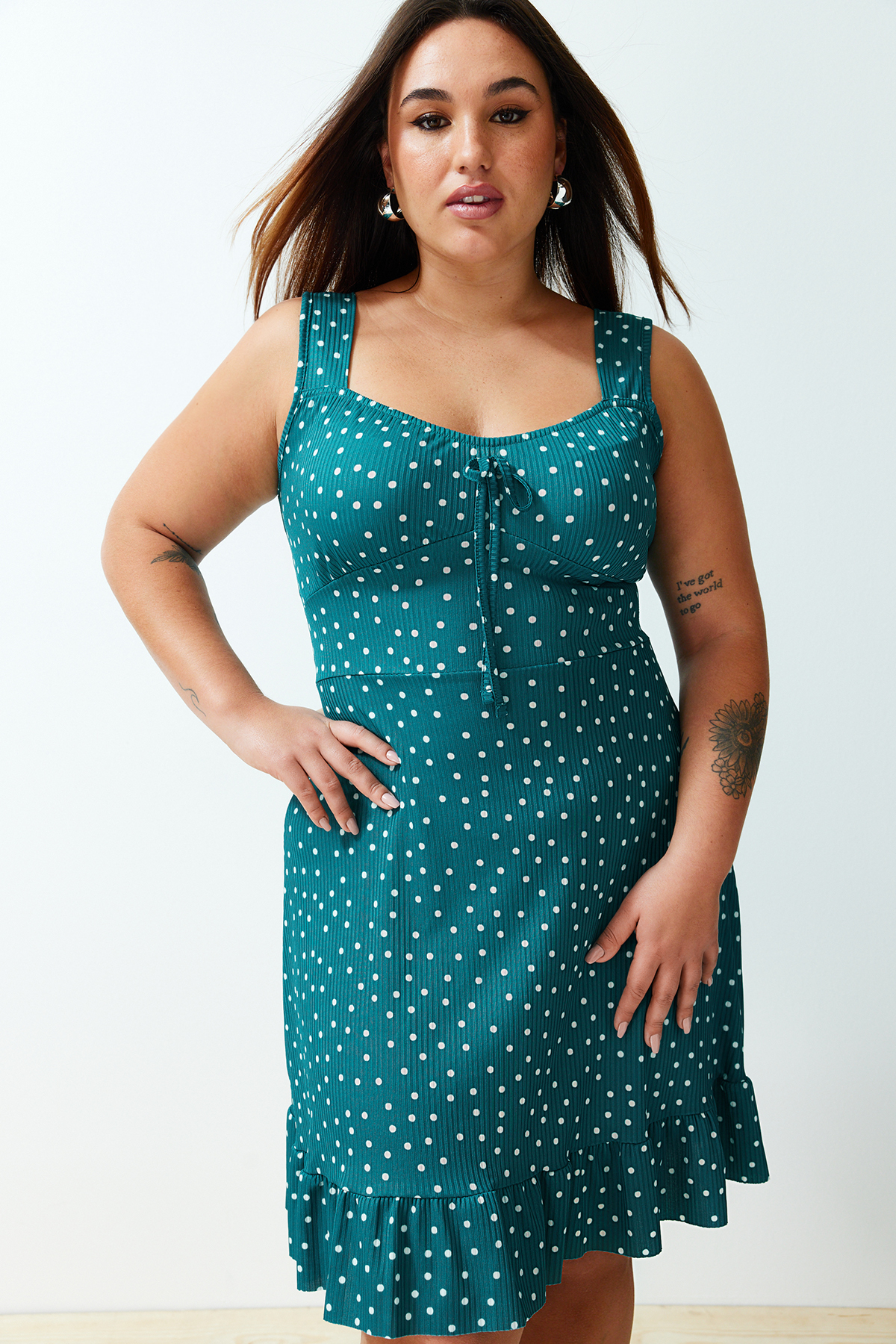 Trendyol Curve Oil Polka Dot Patterned Bow Collar Flounce A-Line Mini Summer Knitted Dress