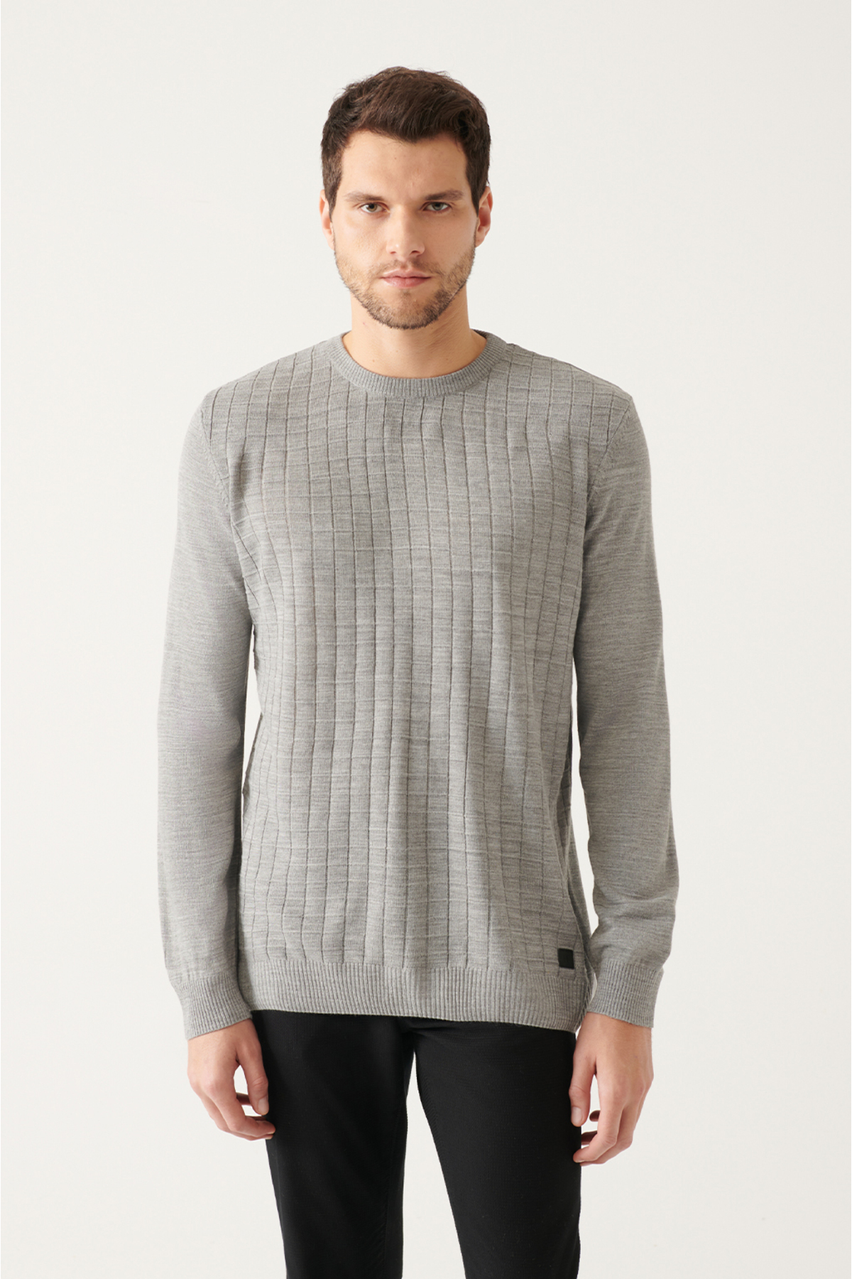 Levně Avva Men's Gray Crew Neck Front Textured Standard Fit Normal Cut Knitwear Sweater