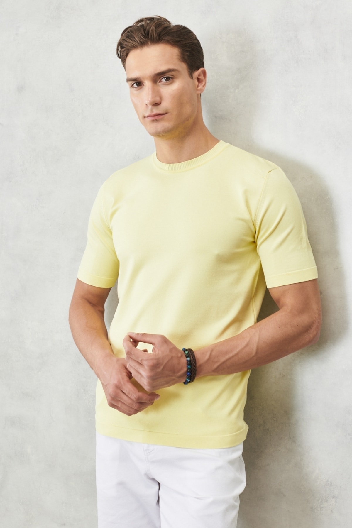 ALTINYILDIZ CLASSICS Men's Light Yellow Standard Fit Regular Fit Crew Neck Plain Knitwear T-Shirt