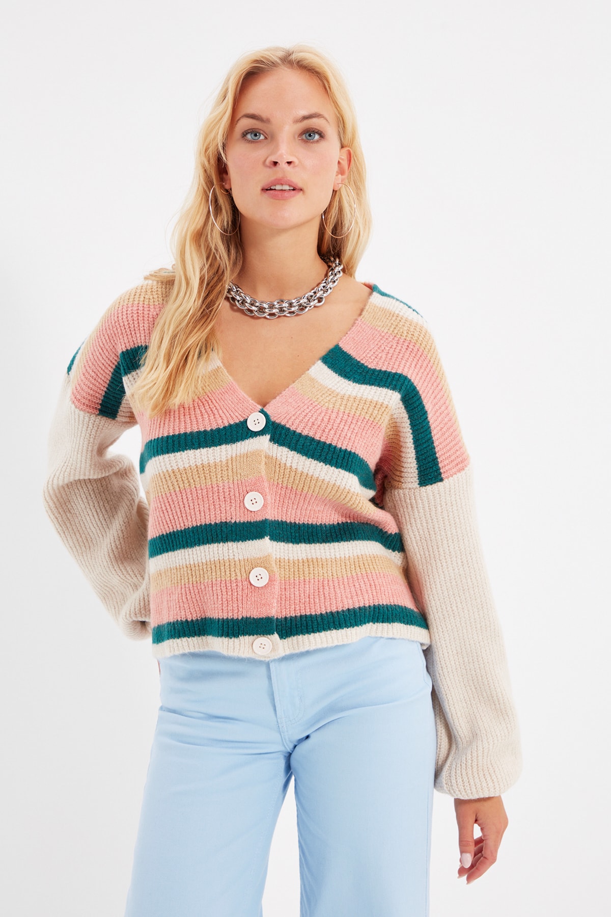 Trendyol Stone Striped Knitwear Cardigan