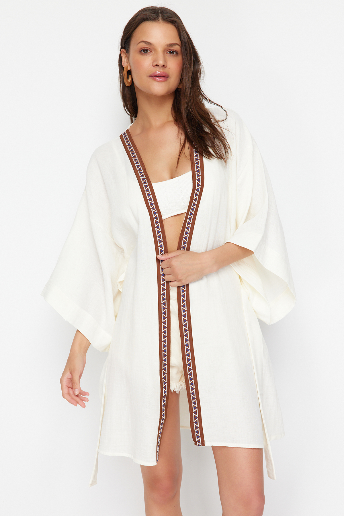 Trendyol Ecru Belted Maxi Woven Muslin Kimono&Kaftan