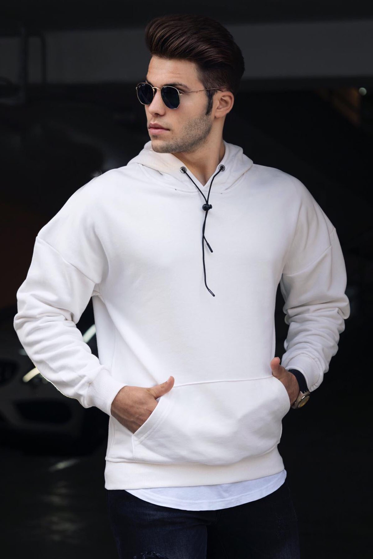 Madmext Basic White Men's Hooded Sweatshirt 4764