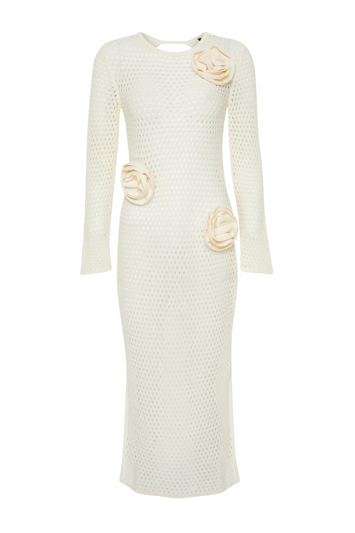 Trendyol Limited Edition Ecru Midi Knitwear Rose Embroidered Detailed Openwork Dress