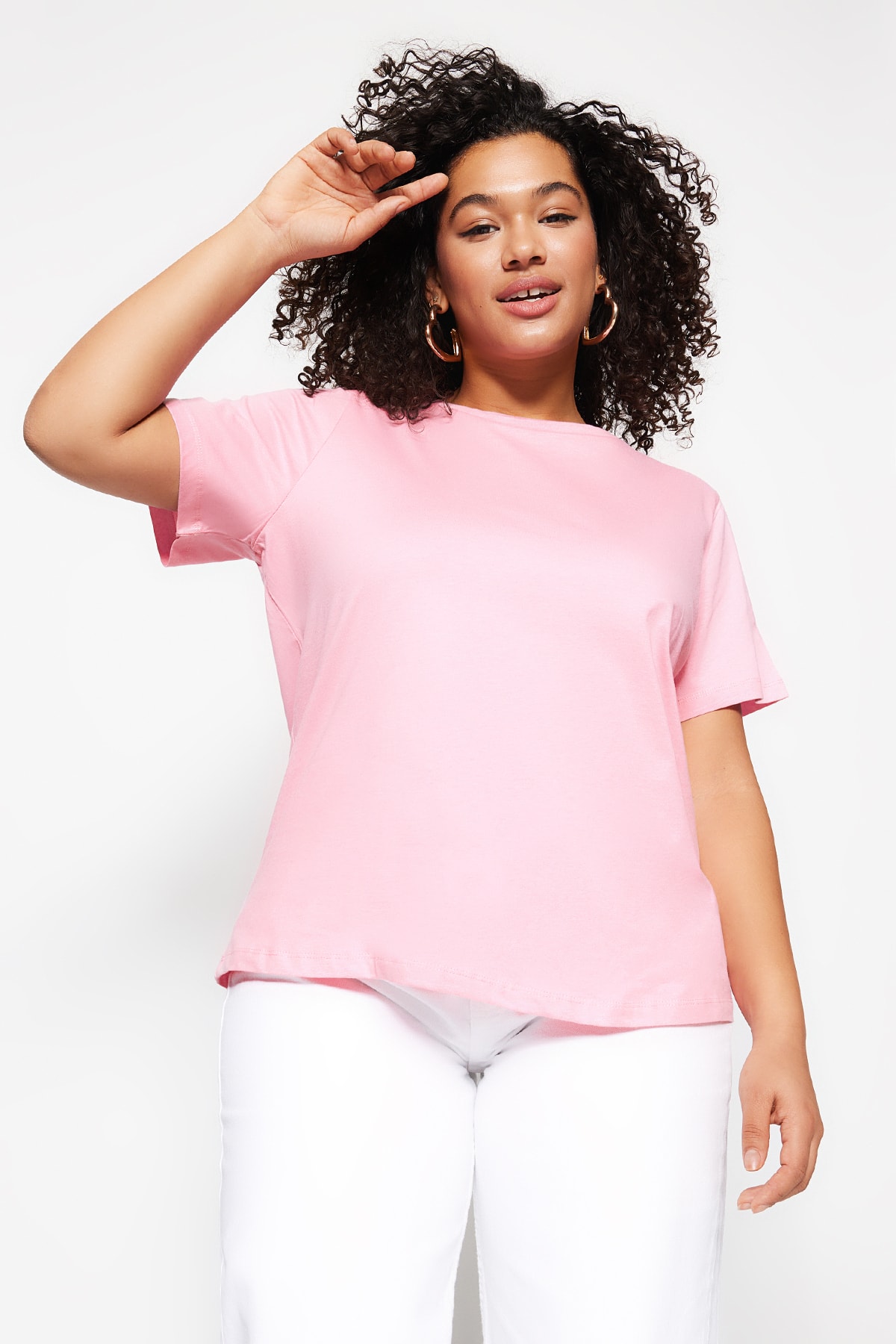 Levně Trendyol Curve Pink Basic Crew Neck Knitted T-Shirt