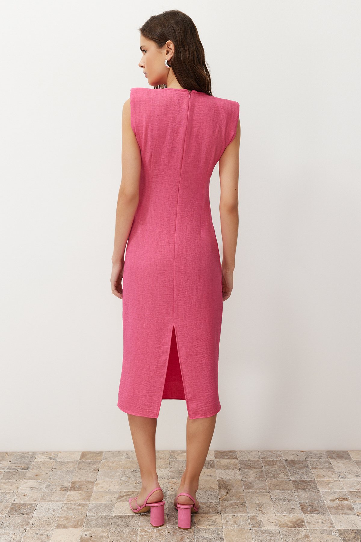Trendyol Pink Straight Cut Gather Detailed Midi Woven Dress