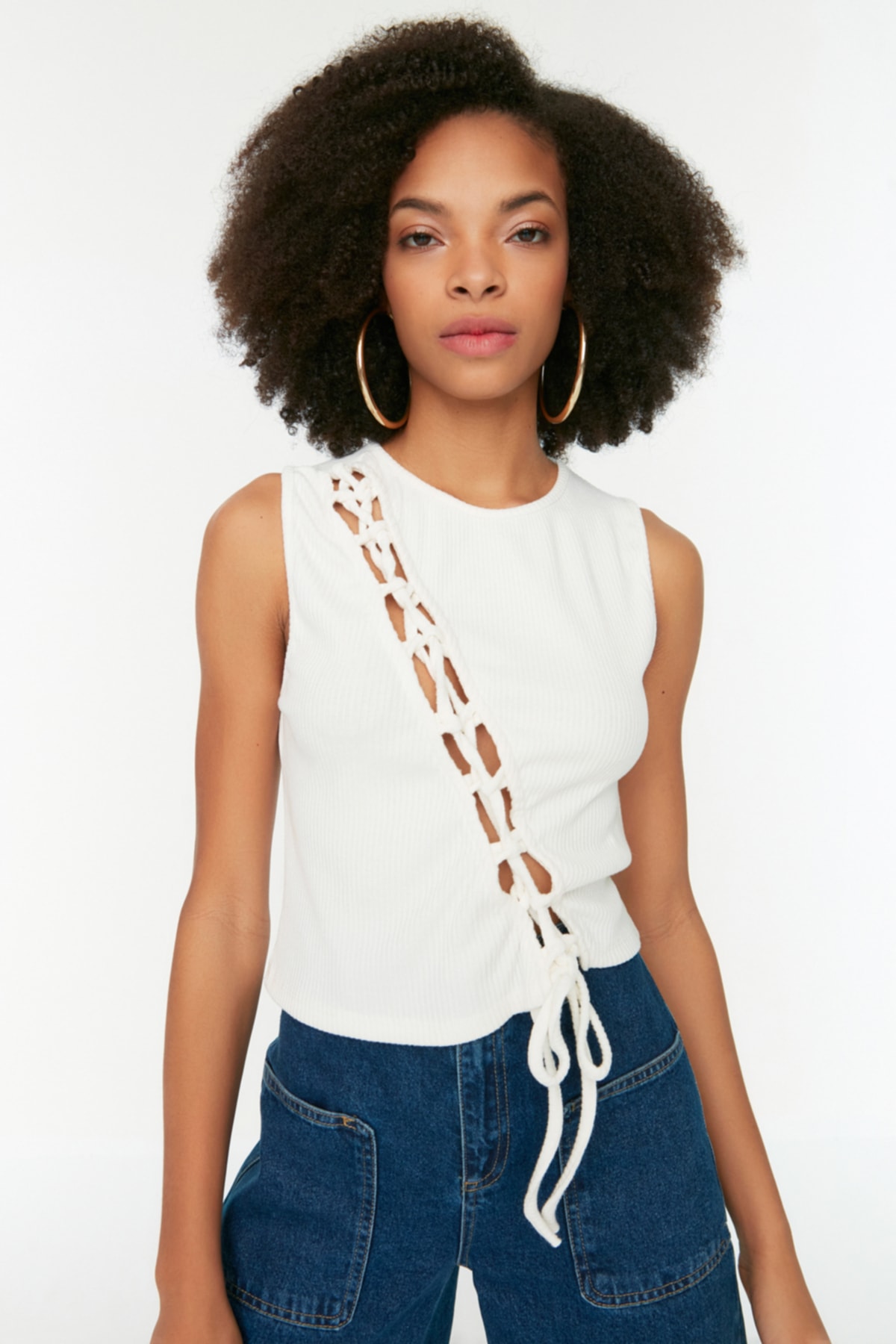 Trendyol Ecru Corduroy Knitted Blouse with Tie Detail