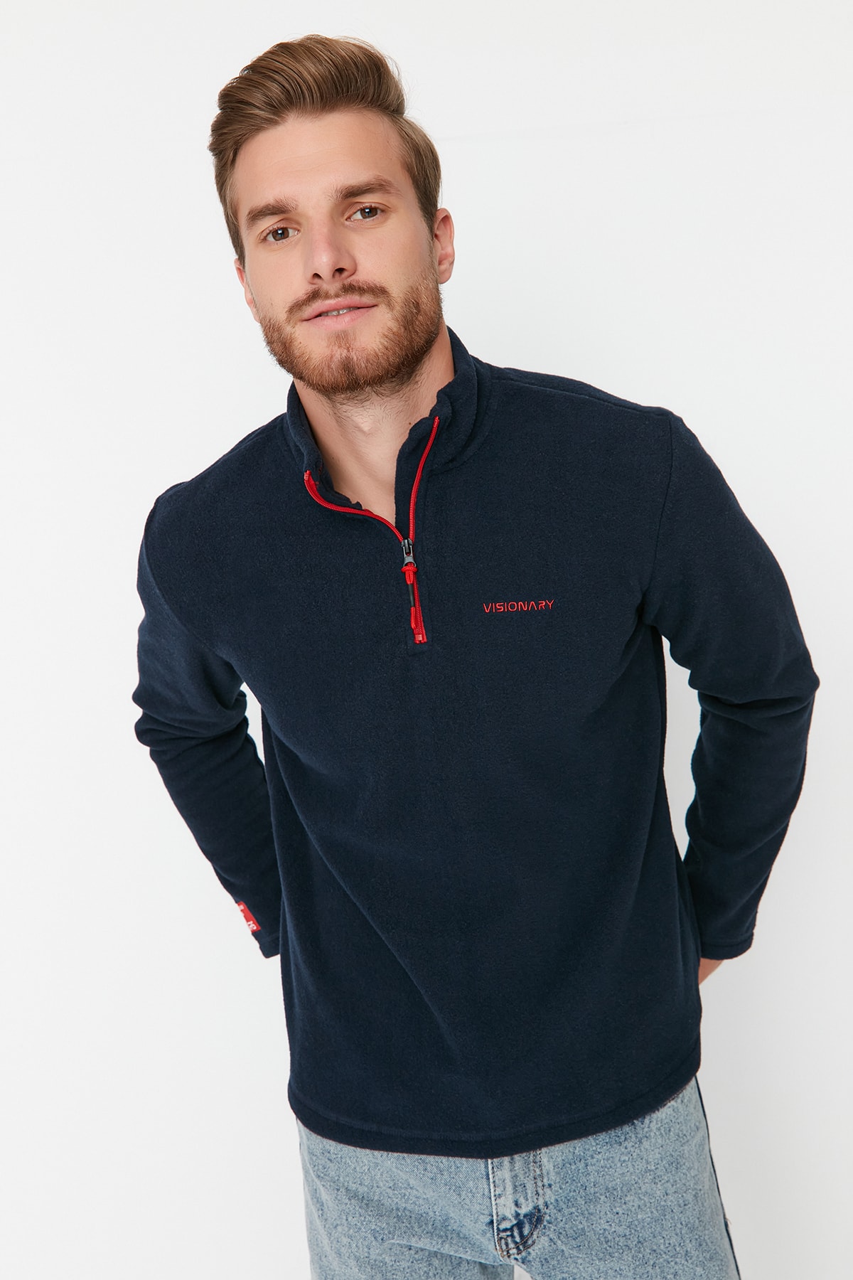 Levně Trendyol Navy Blue Regular/Normal Cut Zippered Stand Collar Embroidered Label Thick Sweatshir