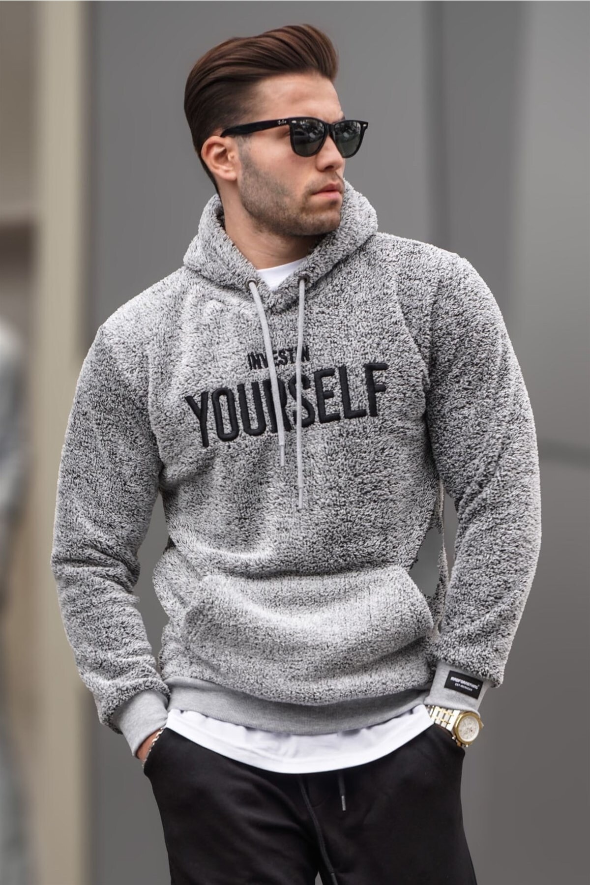 Madmext Men's Hooded Plush Sweatshirt Gray 4390