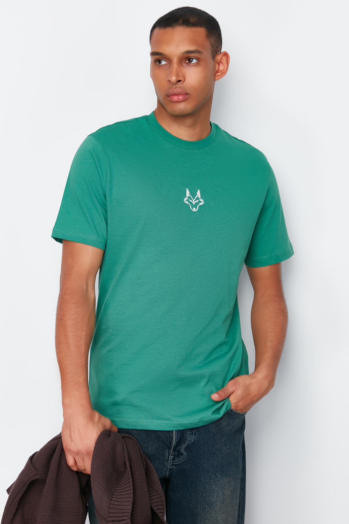 Trendyol Dark Green Regular Cut Wolf Embroidered 100% Cotton T-Shirt