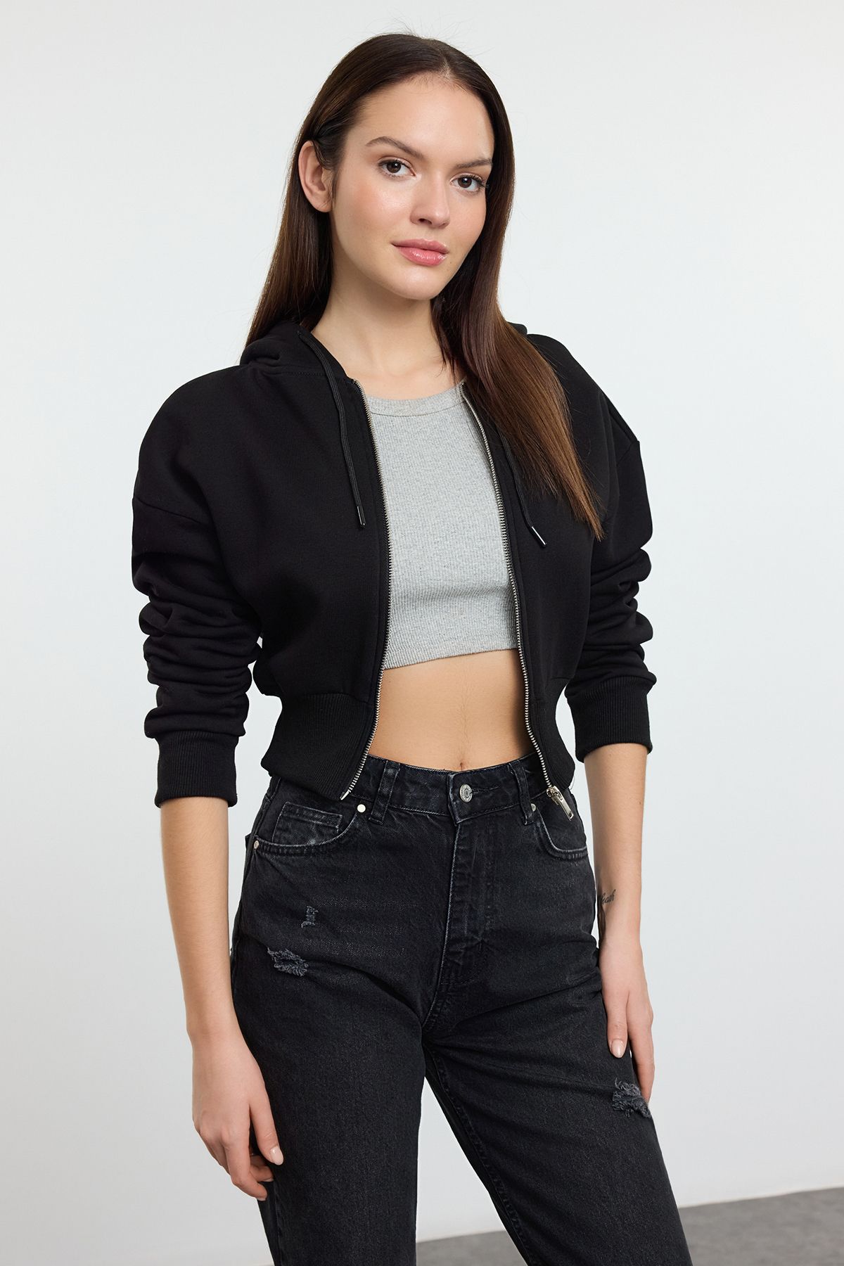 Trendyol Black Crop Oversize Knitted Sweatshirt